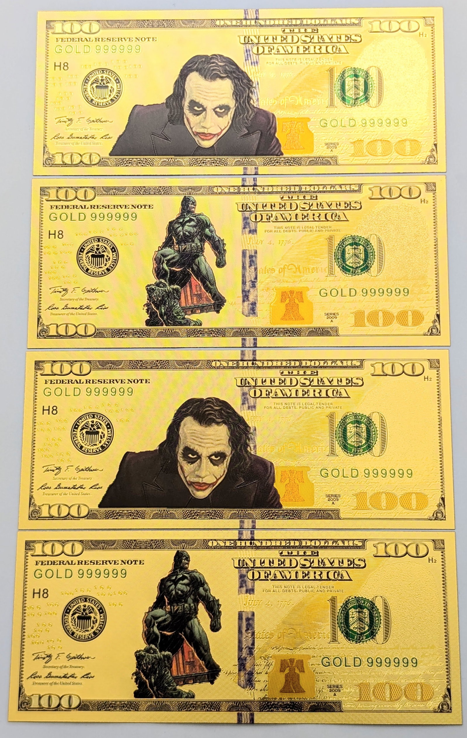 Lot of 4 Batman & Joker Gold foil $100 design: Goldfoil