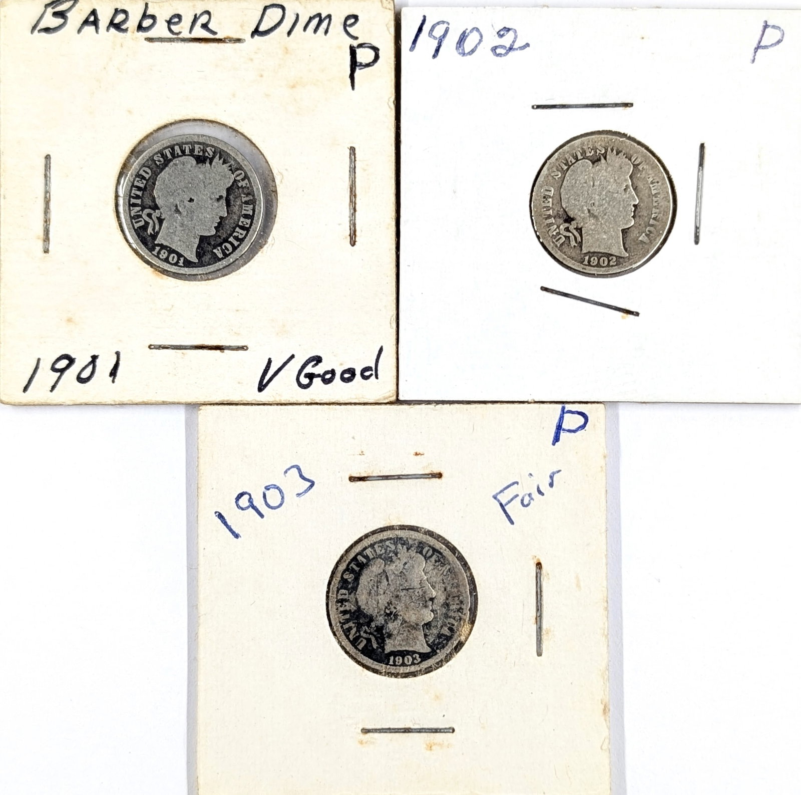 Lot of 3 Silver Barber Dimes- 1901, 1902, 1903: Silver