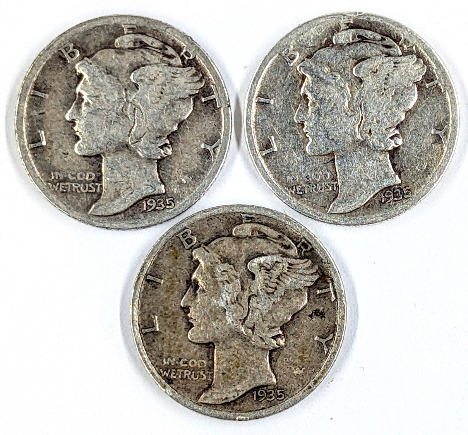 Lot of 3 Silver Mercury Dimes- 1935-S(2), 1935: Silver