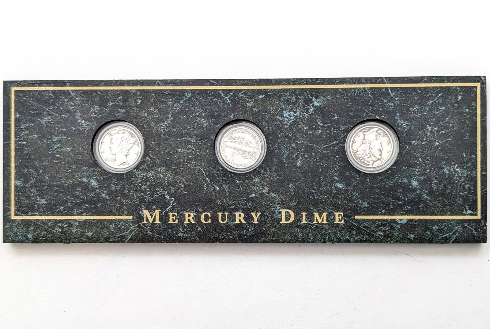 Silver Mercury Dime Collection In Marbel- 1943-D, 1944, 1941-S: Silver