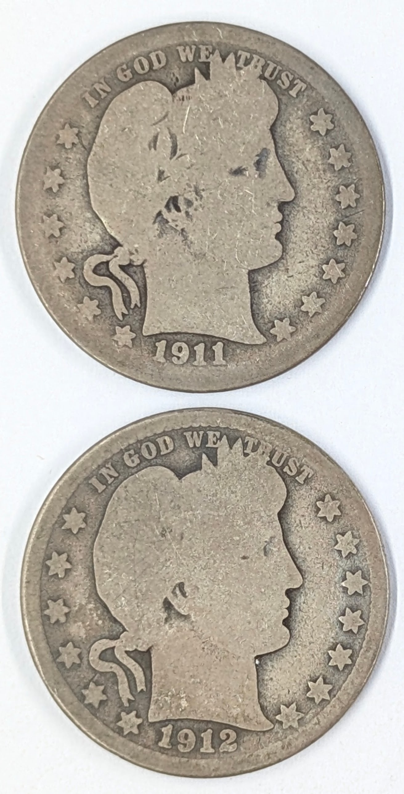 Lot of 2 Silver Barber Quarters - 1911-S, 1912-S: Silver