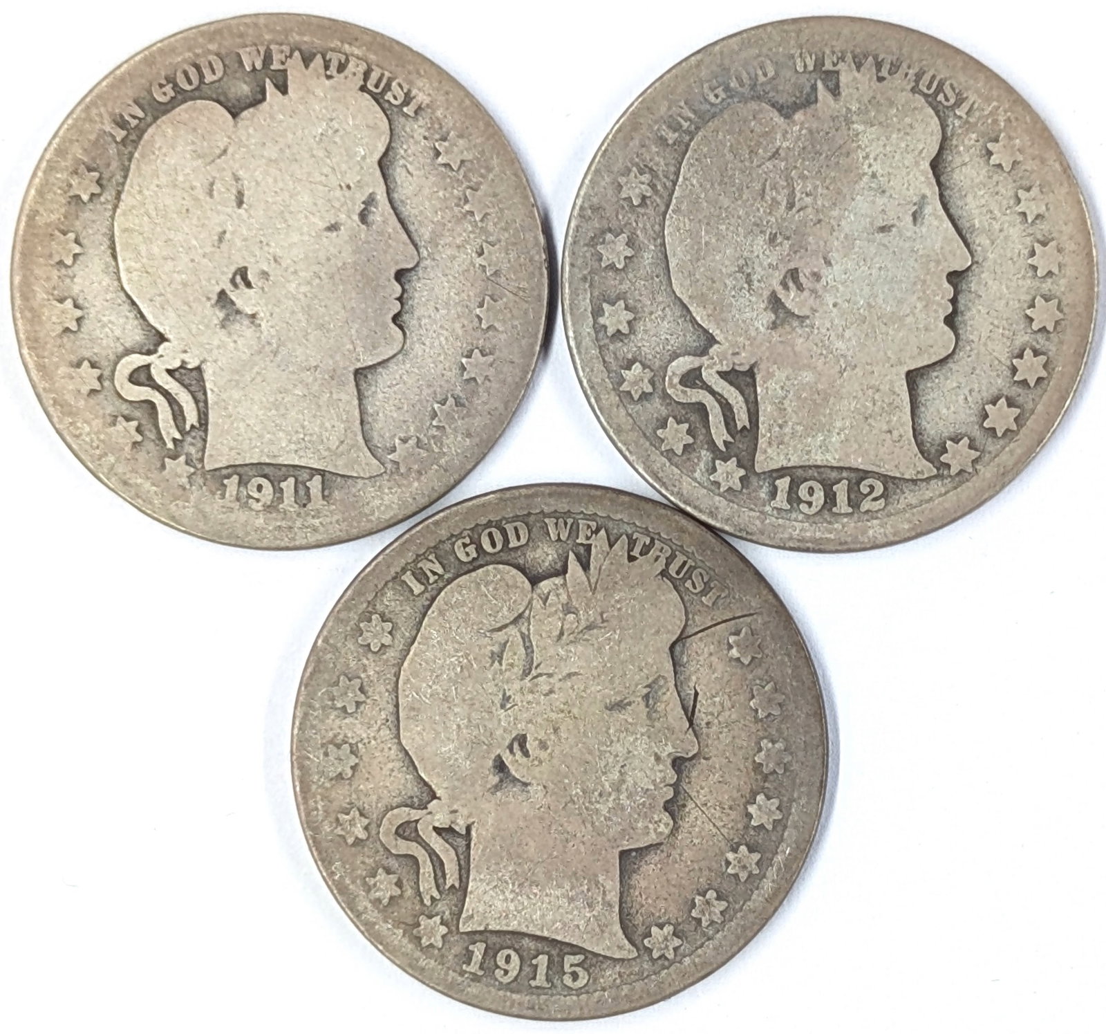 Lot of 3 Silver Barber Quarters - 1911-S, 1912-S, 1915-S: Silver