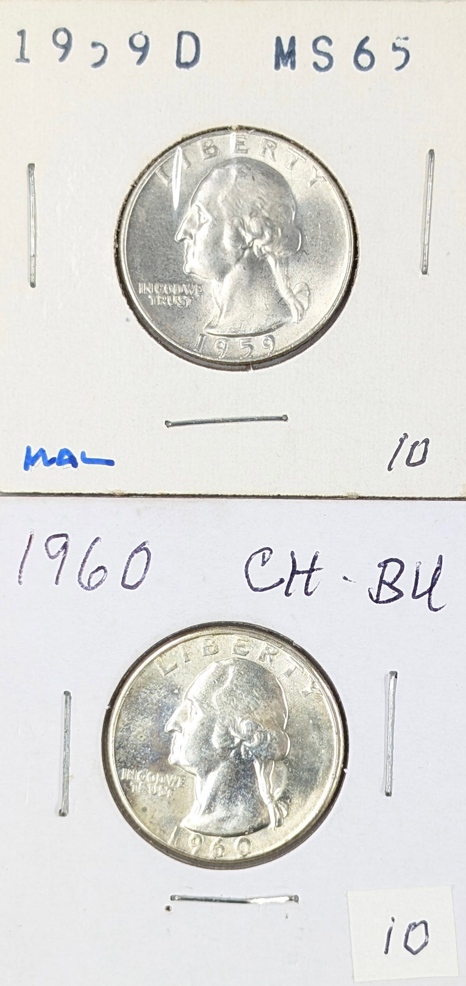 Lot of 2 Silver Washington Quarters - 1959-D, 1960 - Uncirculated: Silver