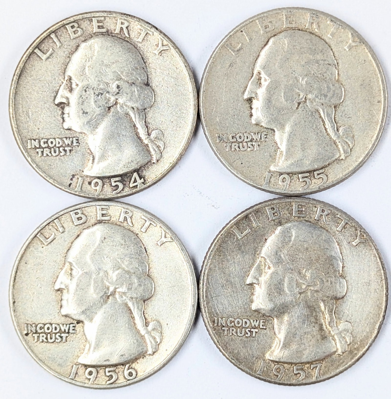 Lot of 4 Silver Washington Quarters - 1954-1957: Silver