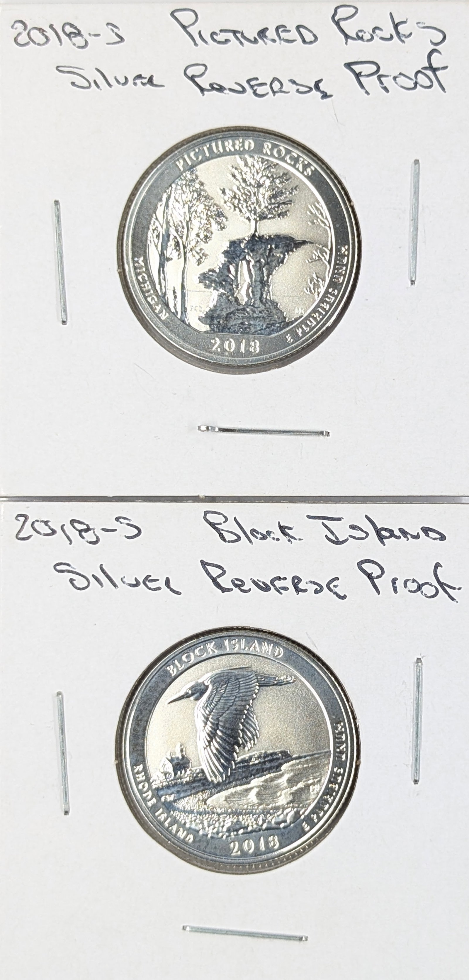 Lot of 2 2018-S Silver America the Beautiful Quarters - Proofs: Pictured Rocks & Block Island Silver