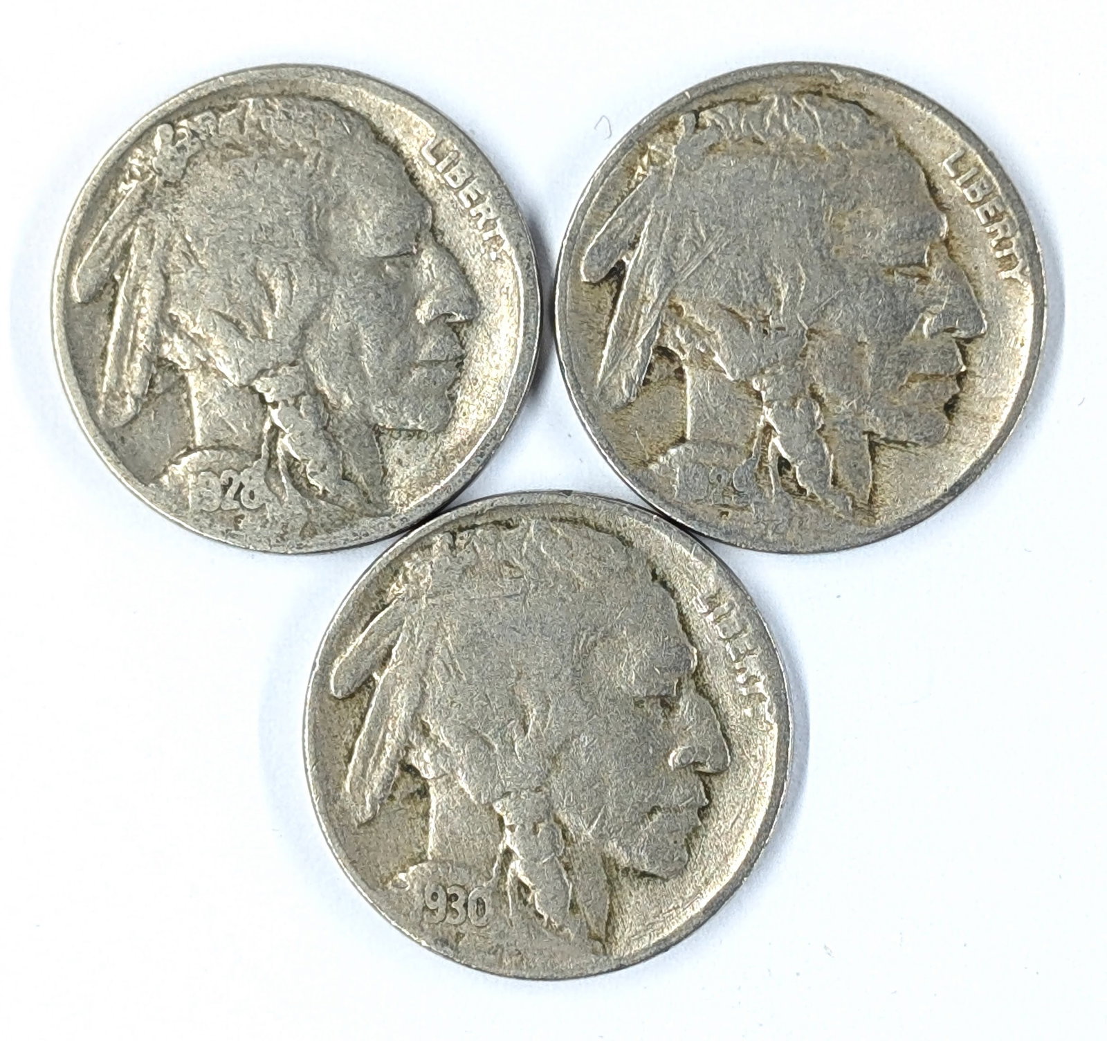 Lot of 3 Buffalo Head Nickels - 1928, 1929, 1930: Coin