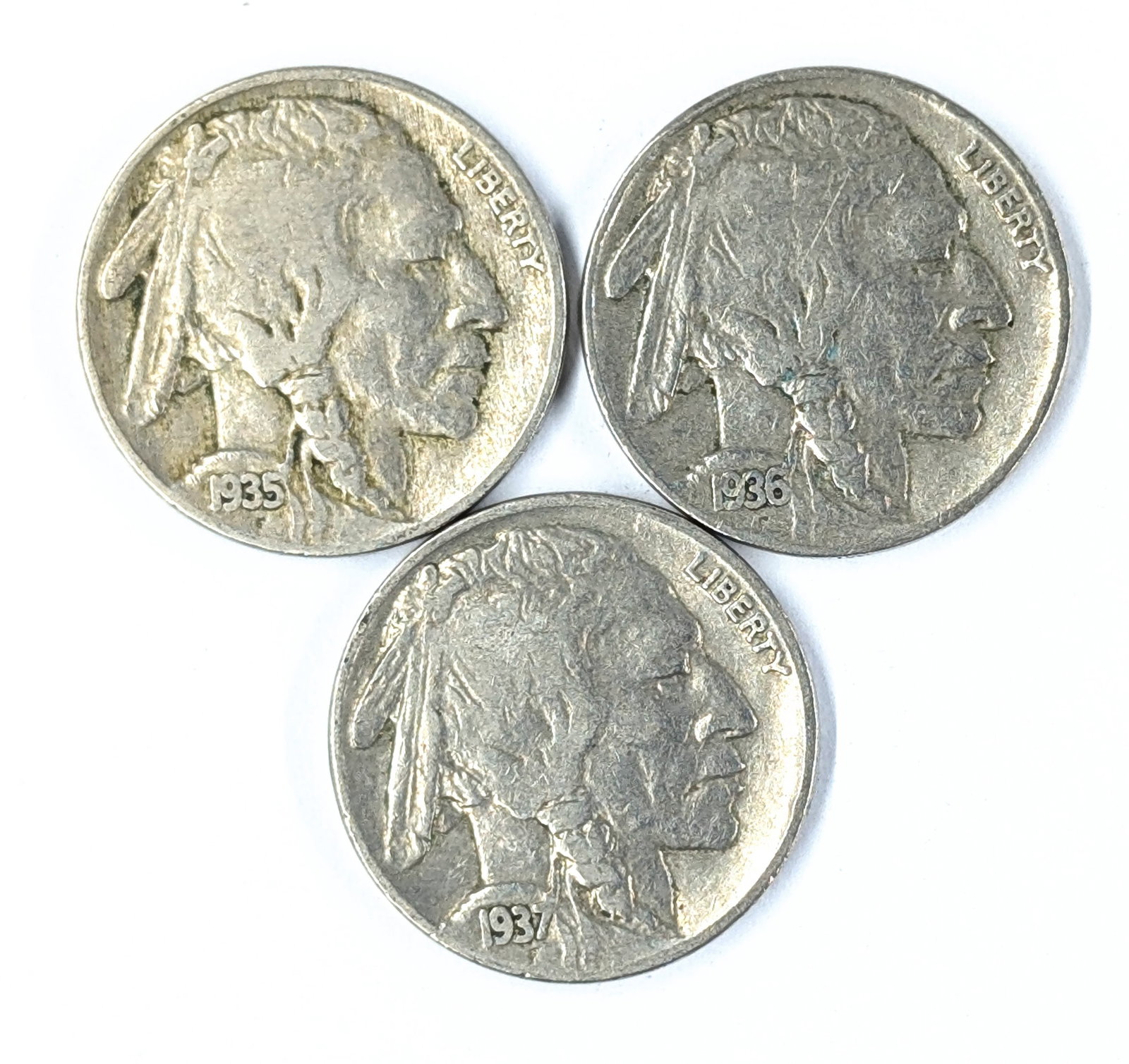 Lot of 3 Buffalo Head Nickels - 1935, 1936, 1937: Coin
