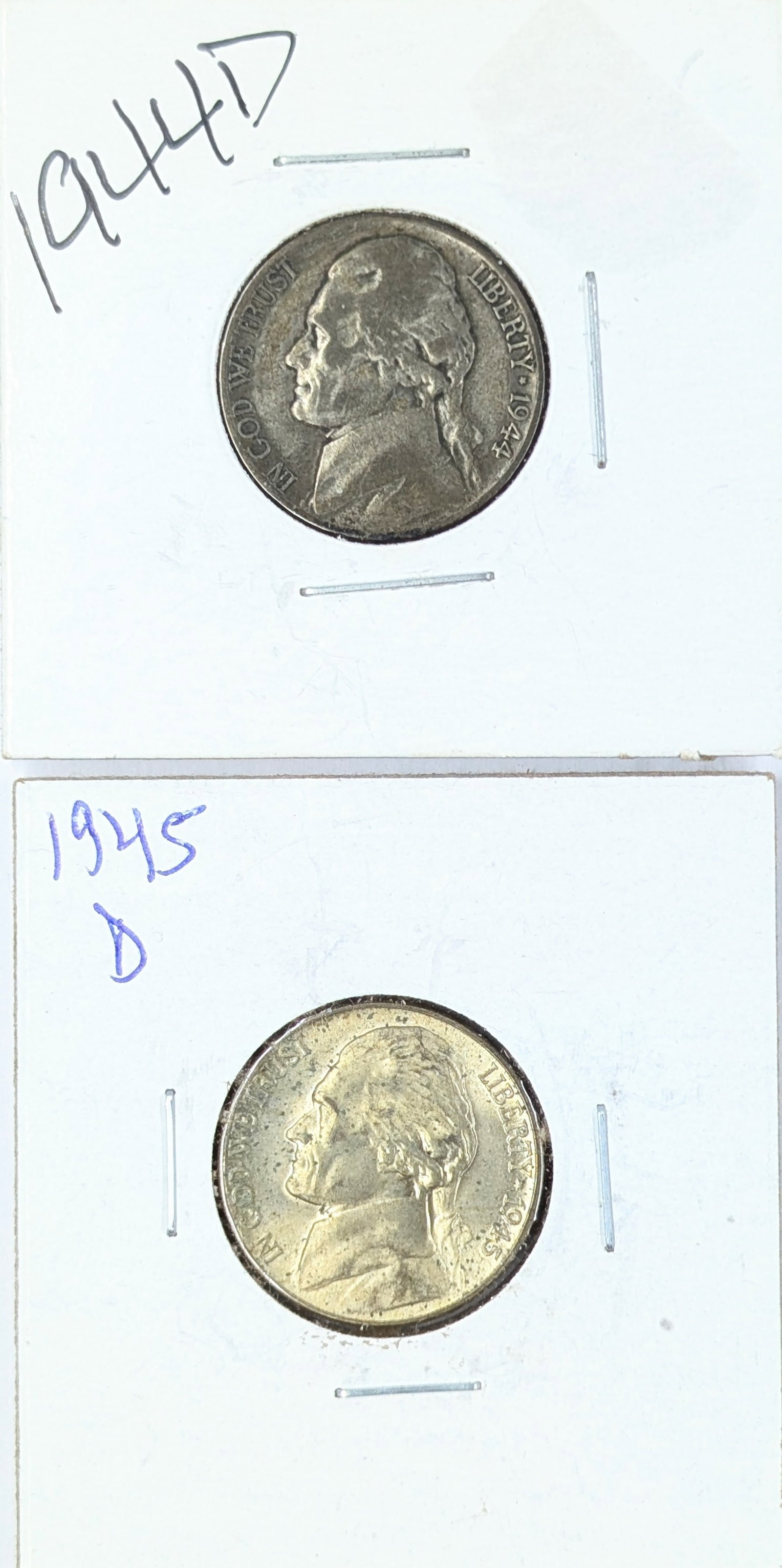 Lot of 2 Silver War Nickels - 1944-D, 1945-D: 35% Silver