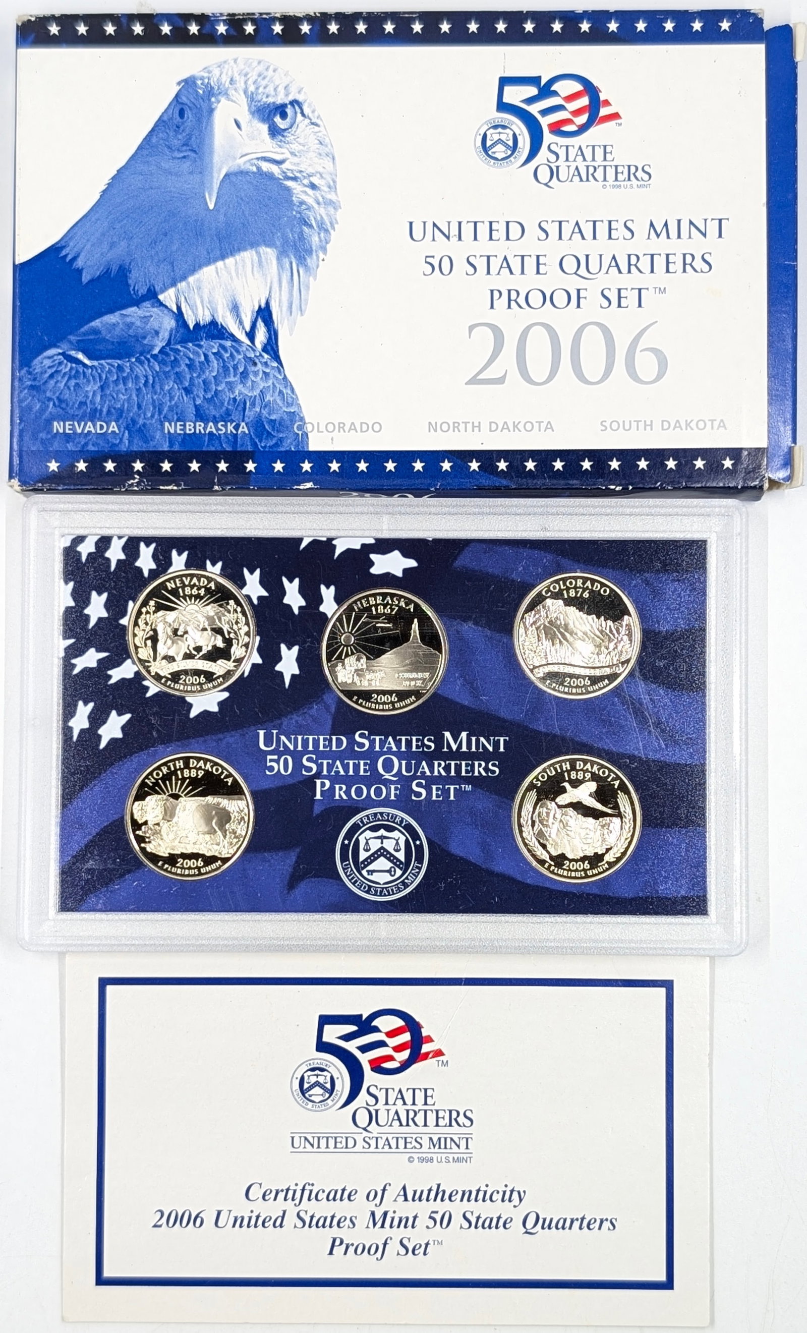 2006 US Mint 50 State Quarters Proof Set w/ COA: Nevada, North Dakota, Nebraska, Colorado, South Dakota