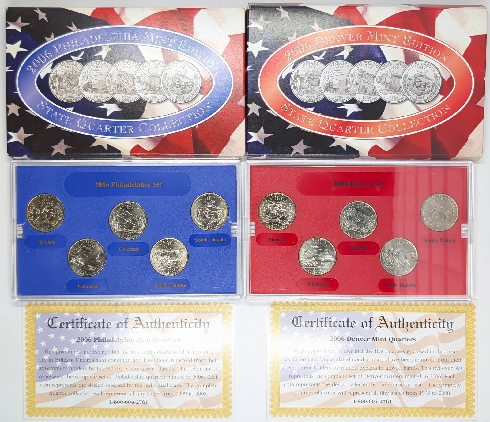 2006 D & P Mint State Quarter Collections w/ COAs: Nevada, North Dakota, Nebraska, Colorado, South Dakota
