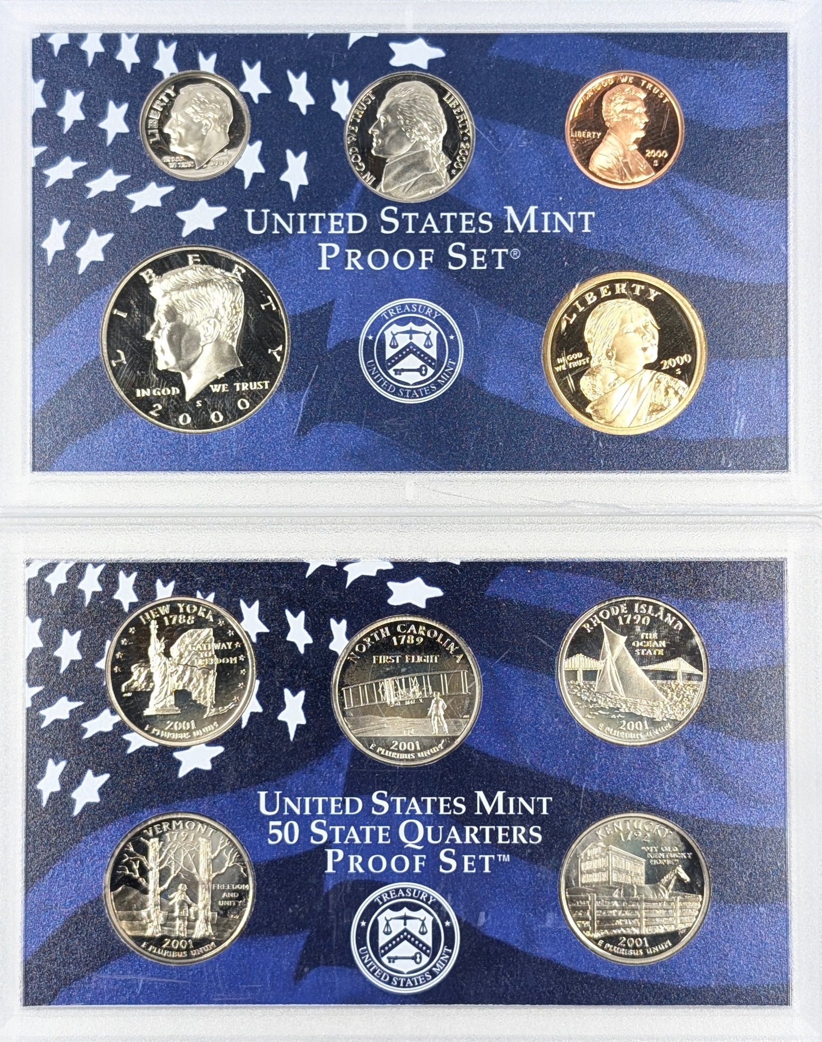 Lot of 2 - 2000 US Mint Proof Set & 2001 US Mint 50 State Quarters Proof Set: New York, Vermont, North Carolina, Rhode Island, Kentucky