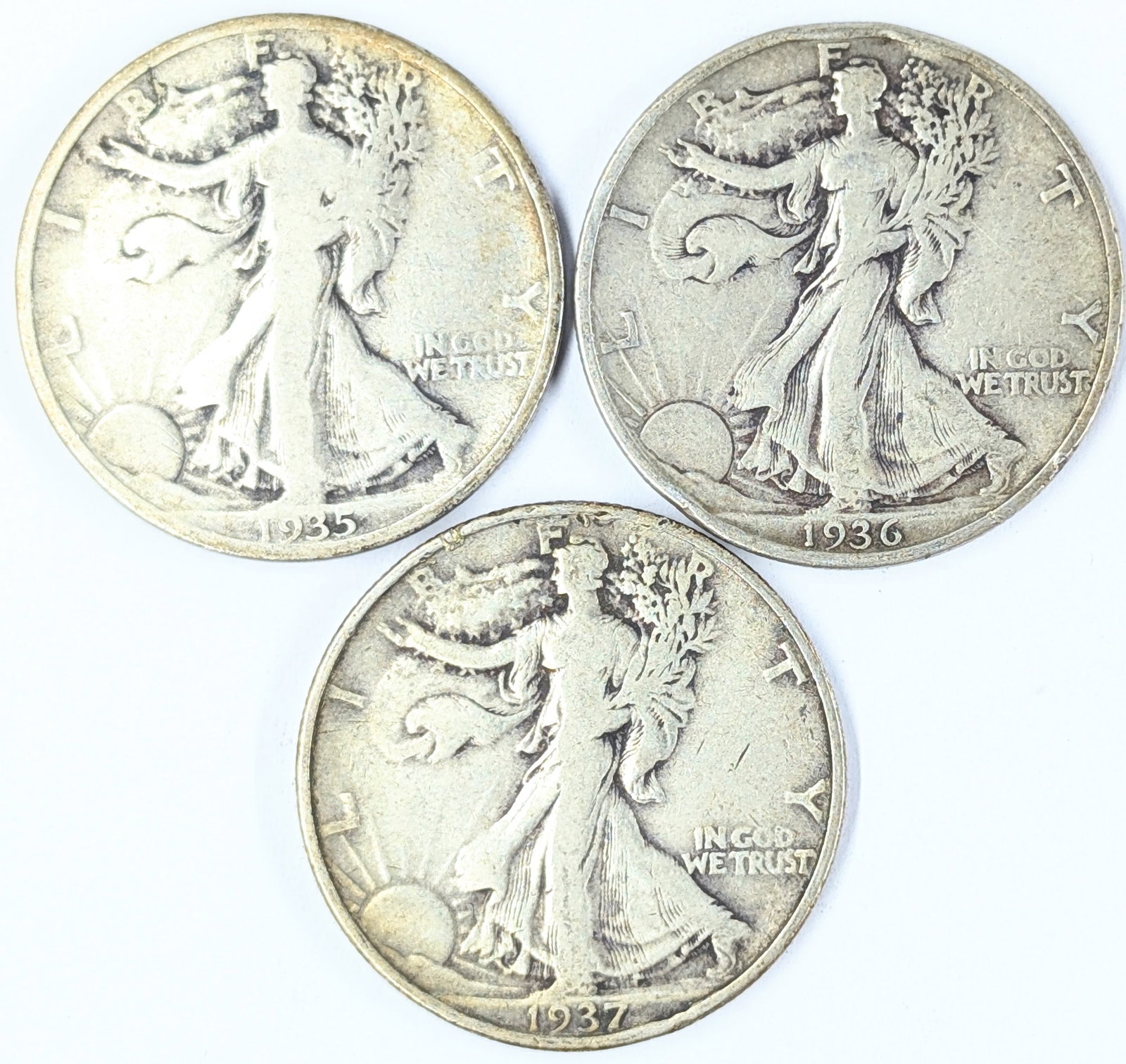 Lot of 3 Silver Walking Liberty Half Dollars - 1935, 1936, 1937 (1 of 2)