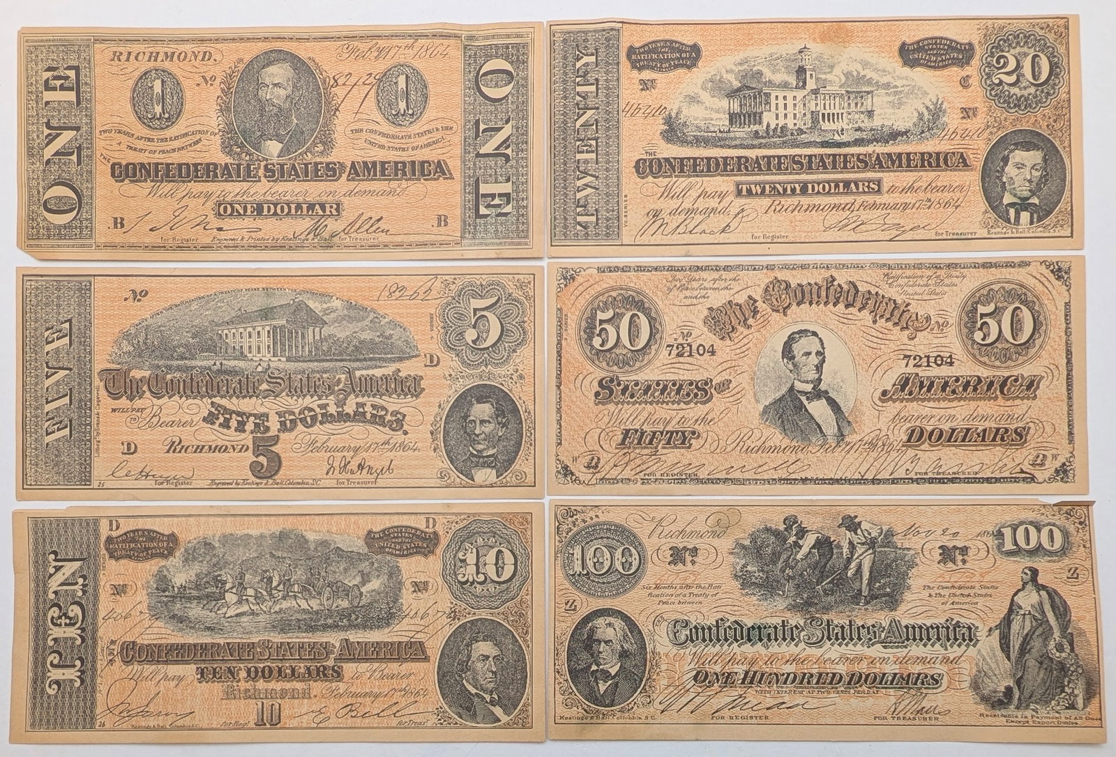 Lot of 6 Replica Confederate States of America Banknotes (1 of 2)