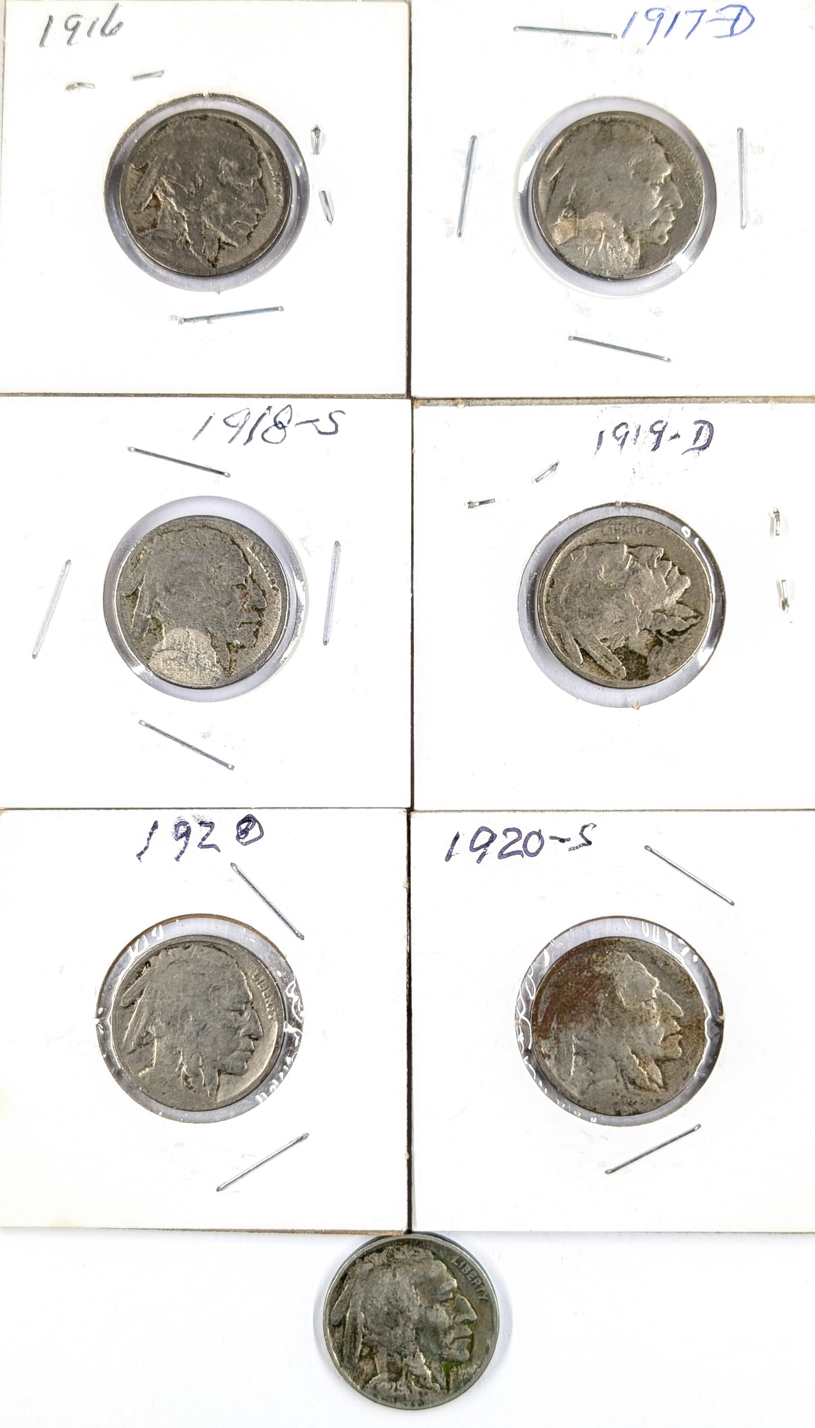 Lot of 7 Buffalo Head Nickels - 1916-1920: Coin
