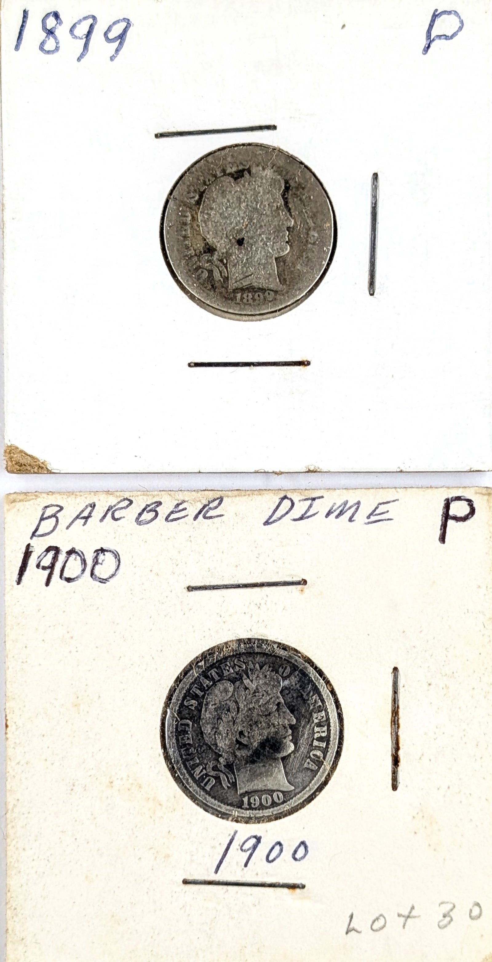 Lot of 2 Silver Barber Dimes- 1899, 1900: Silver