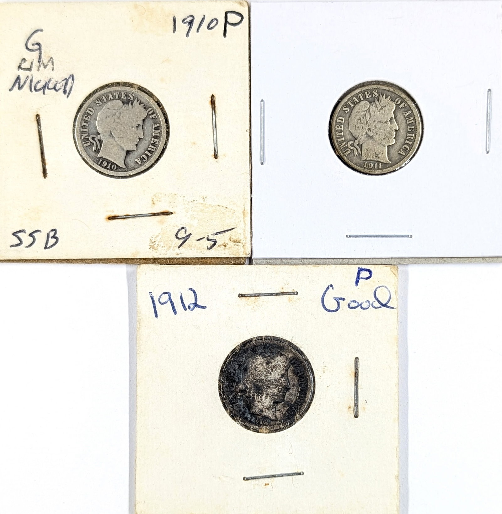 Lot of 3 Silver Barber Dimes- 1910, 1911, 1912: Silver