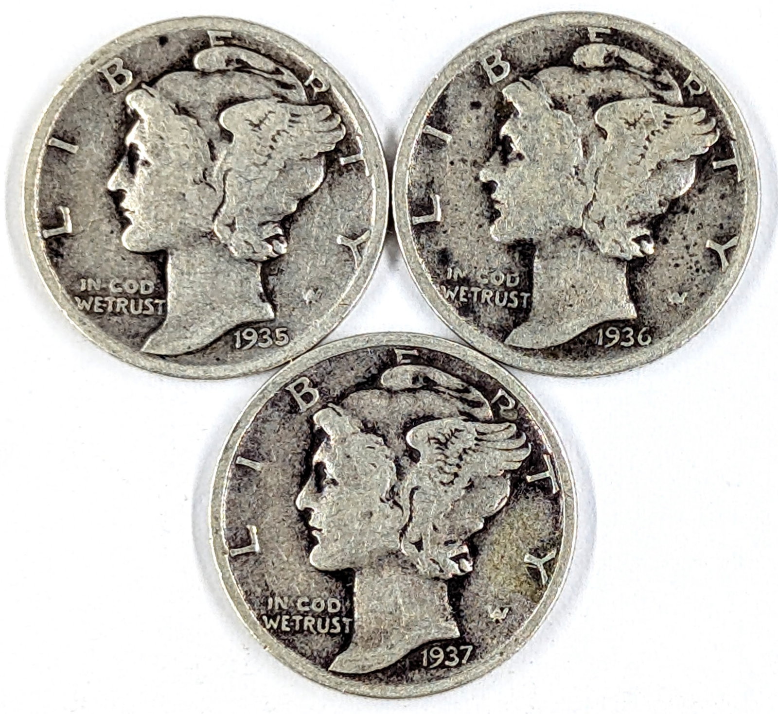 Lot of 3 Silver Mercury Dimes- 1935, 1936, 1937: Silver