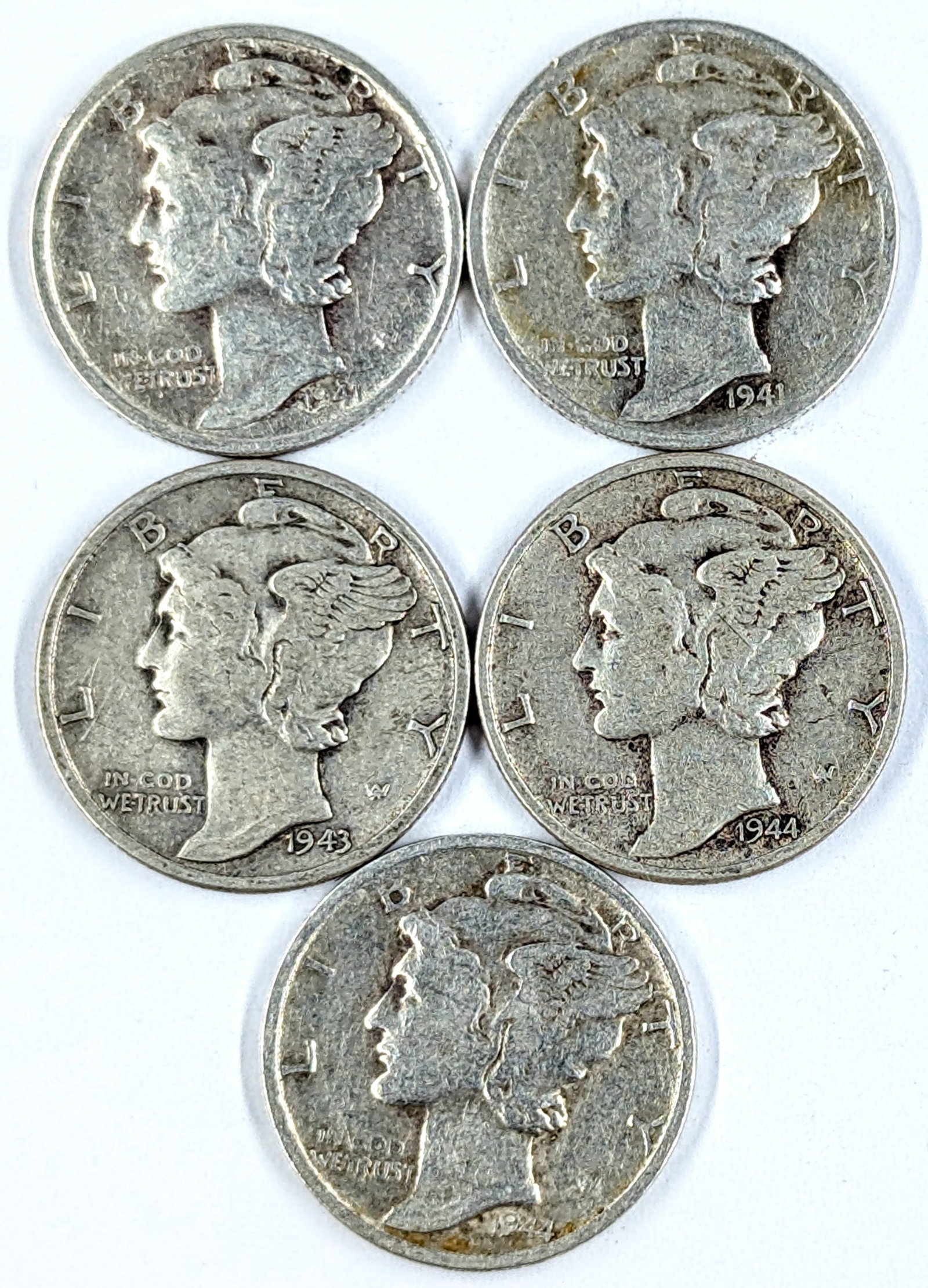 Lot of 5 Silver Mercury Dimes- 1941-1944: Silver