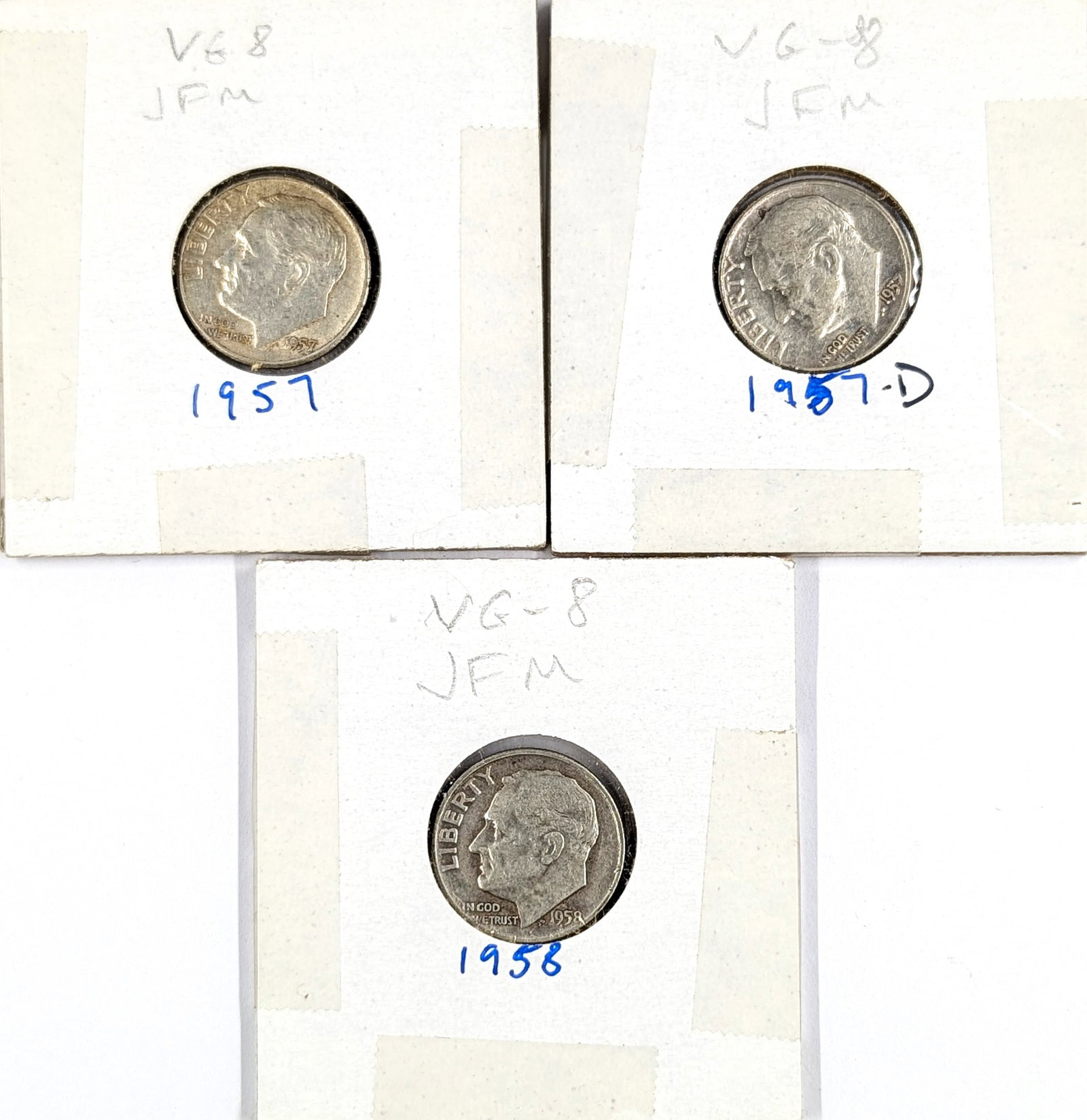 Lot of 3 Silver Roosevelt Dimes- 1957 P/D, 1958: Silver