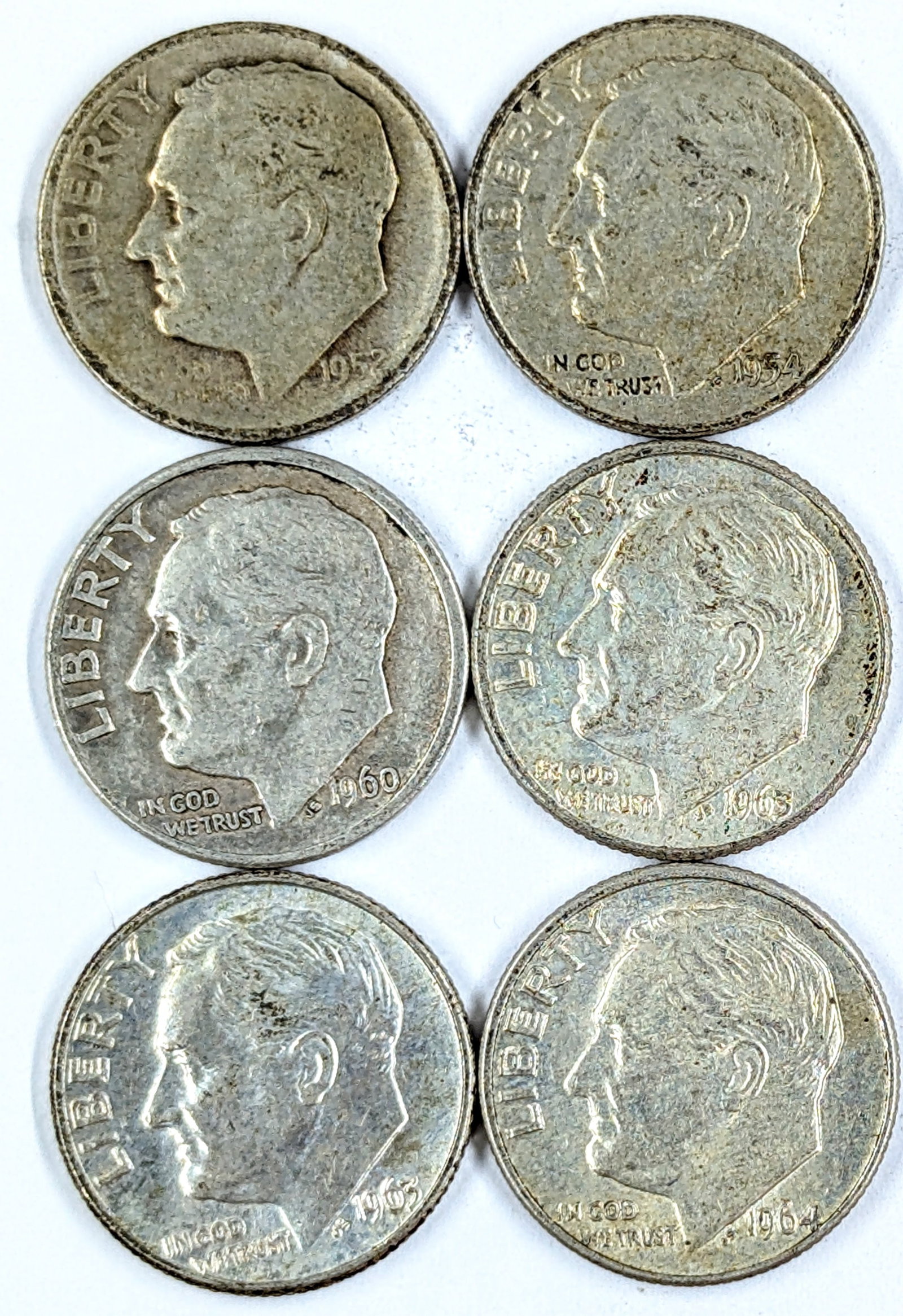 Lot of 6 Silver Roosevelt Dimes- 1952-1964 (1 of 2)