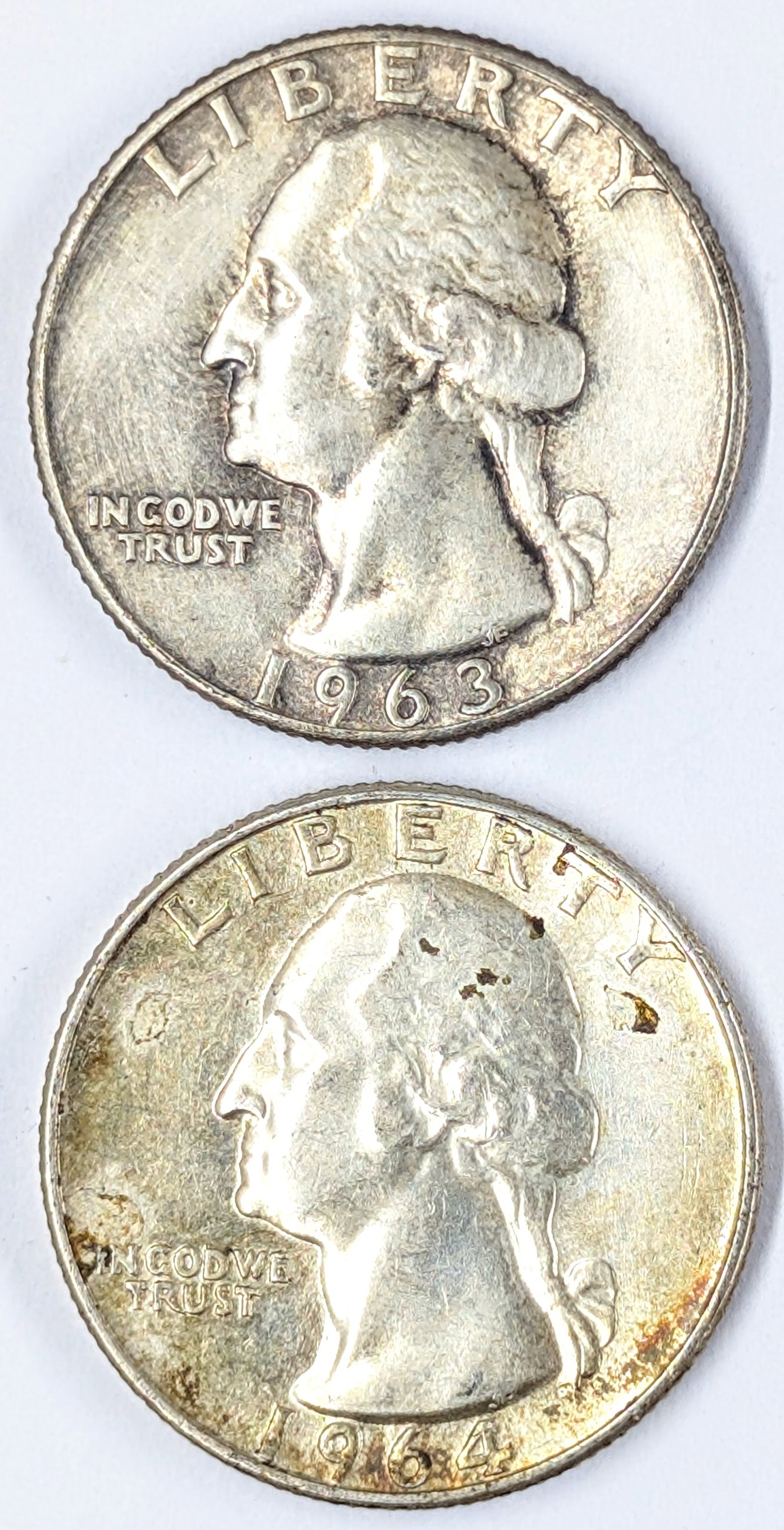 Lot of 2 Silver Washington Quarters - 1963, 1964: Silver