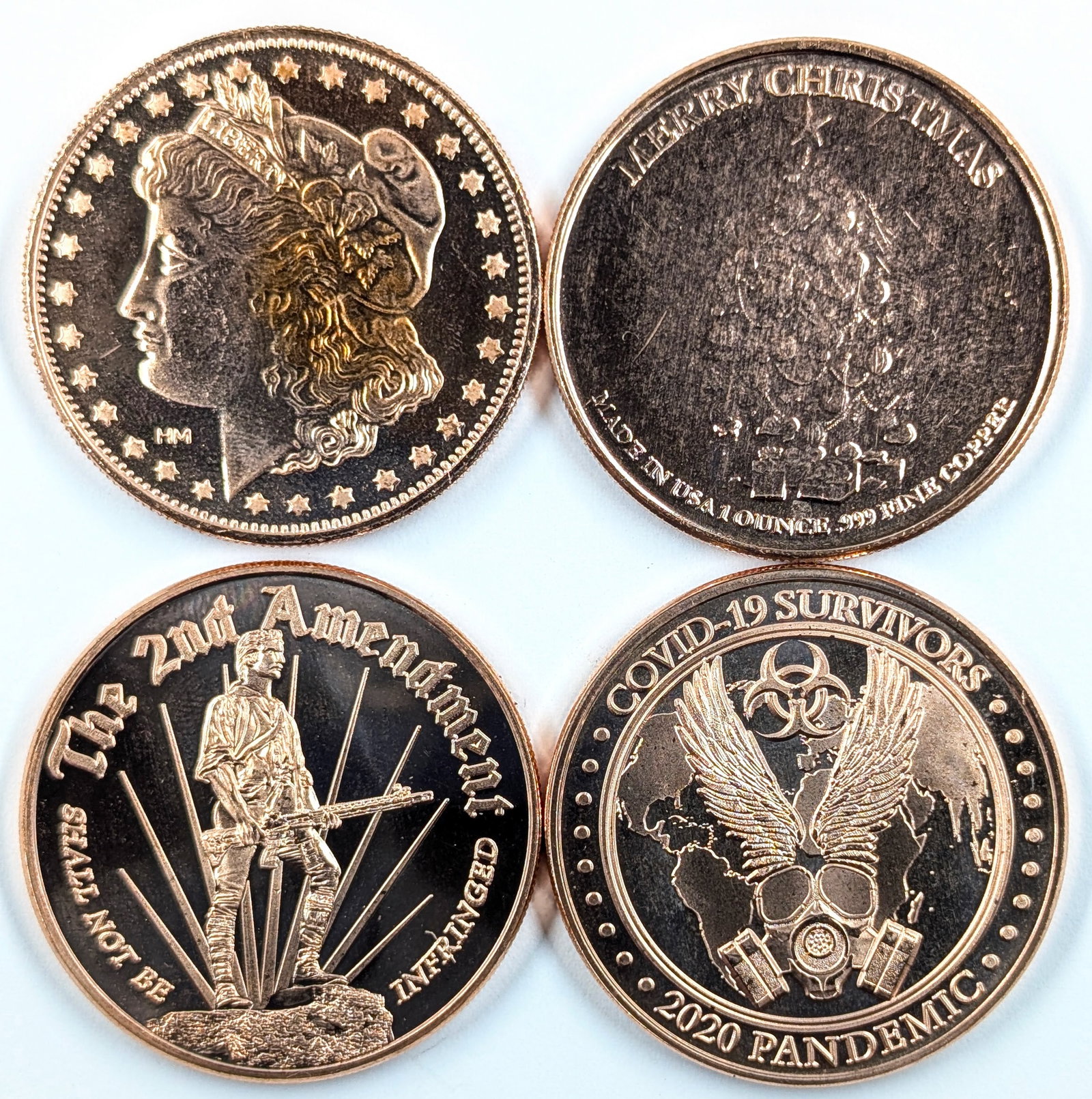 Lot of 4 - 1 Ounce (each) Fine .999 Copper Rounds - Covid, 2nd Amendment, etc. (1 of 2)