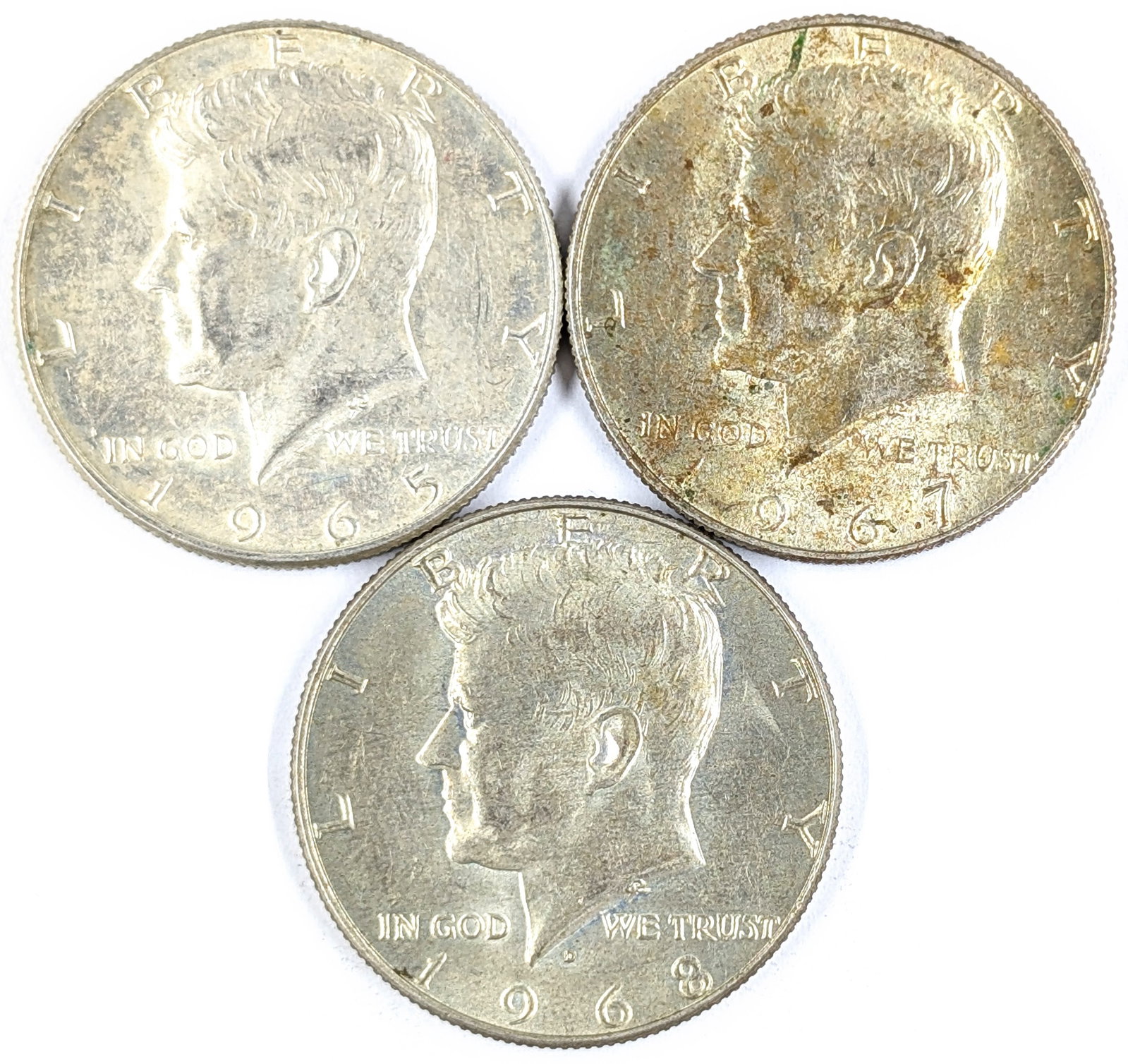 Lot of 3 Silver John F Kennedy Half Dollars - 1965, 1967, 1968-D: 40% Silver