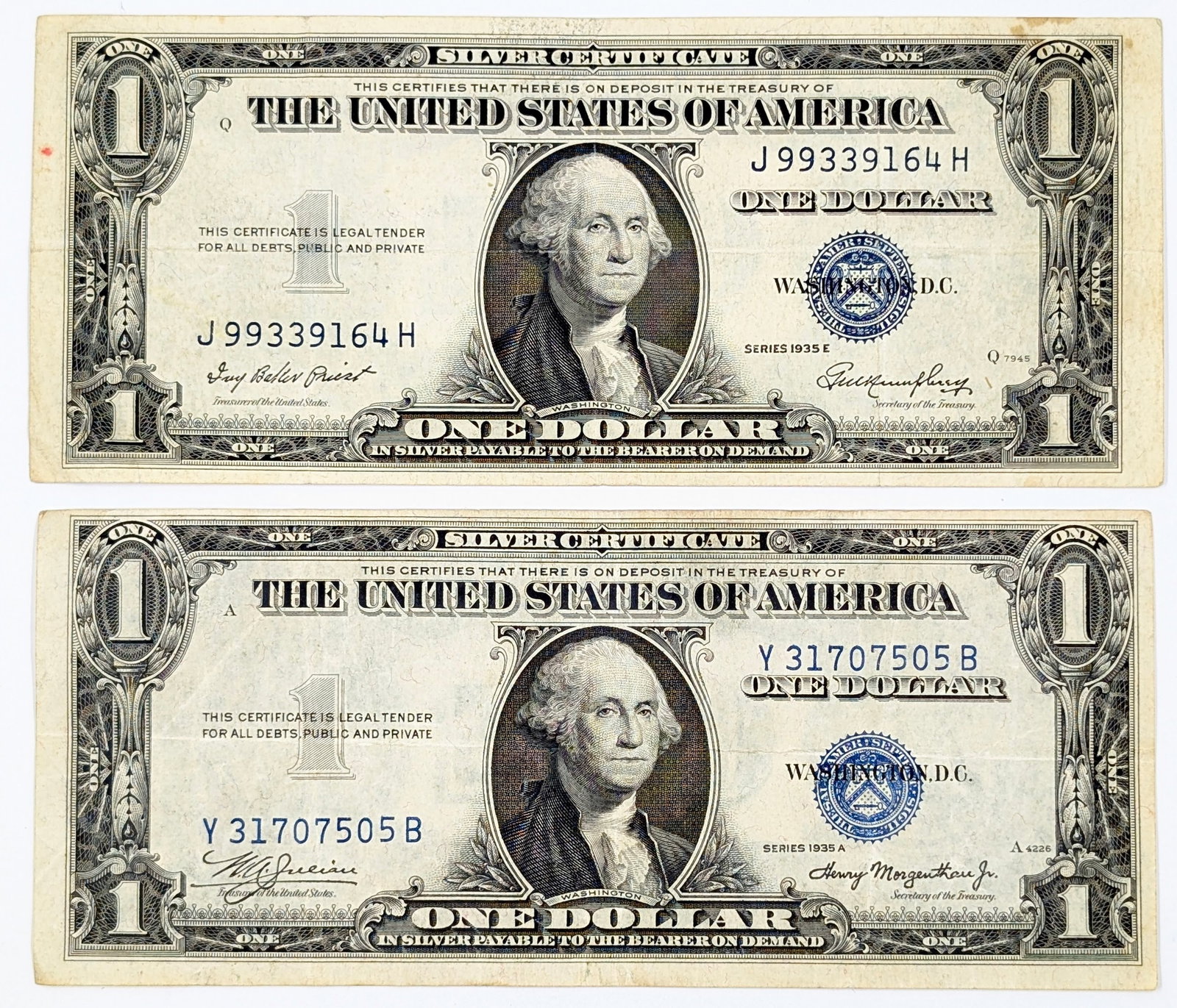 Lot of 2 1935 A/E $1 Notes - Silver Certificates: Circulated Condition