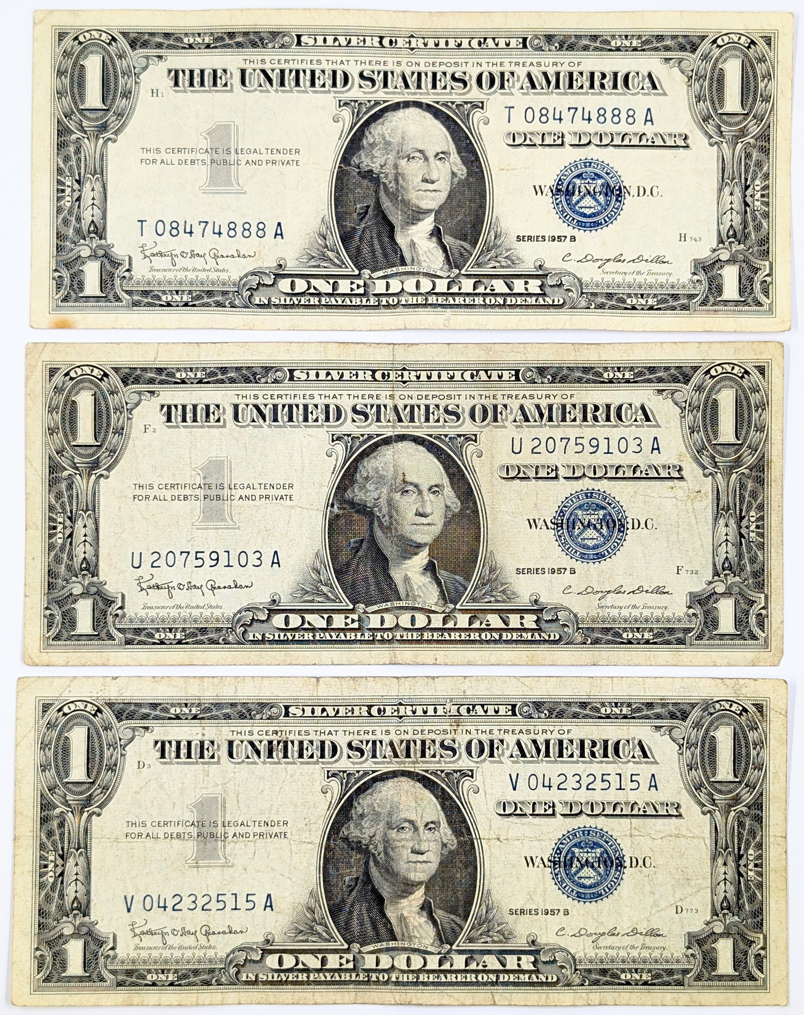 Lot of 3 1957-B $1 Notes - Silver Certificates: Heavily Circulated Condition