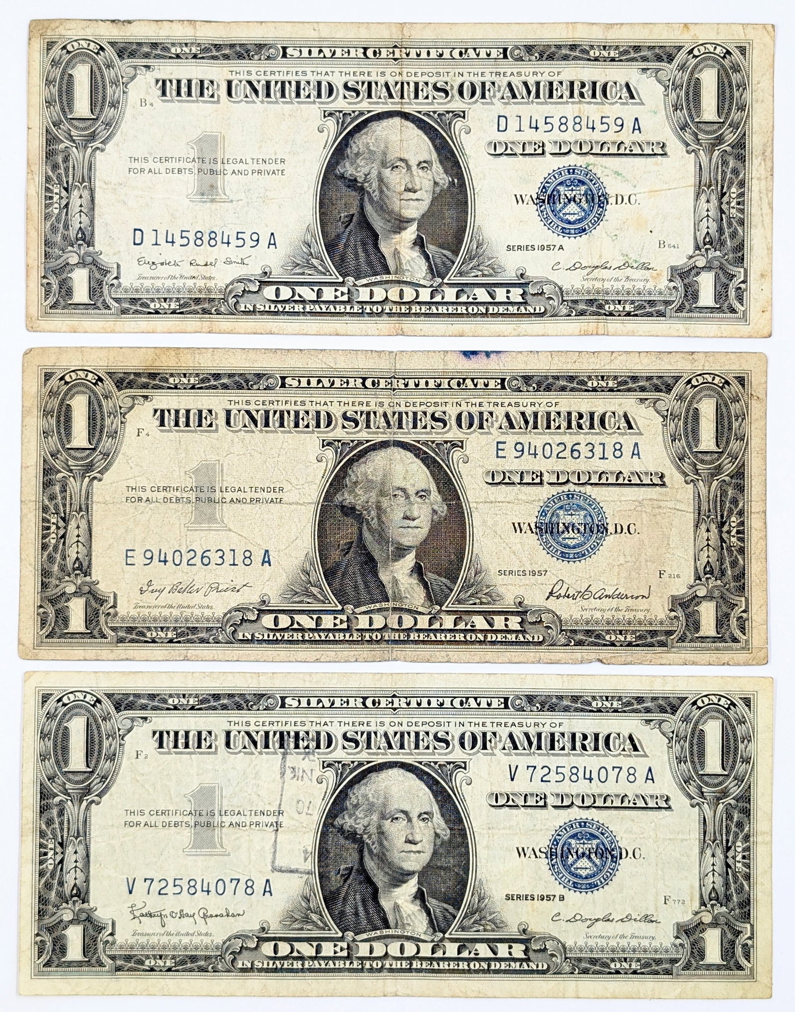 Lot of 3 19357 A/B $1 Notes - Silver Certificates: Heavily Circulated Condition