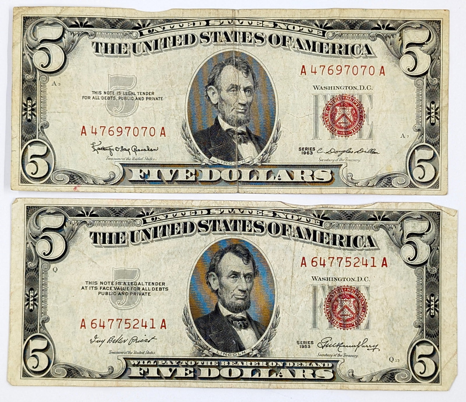 Lot of 2 $5 Notes - Red Seals - 1953, 1963: Heavily Circulated Condition
