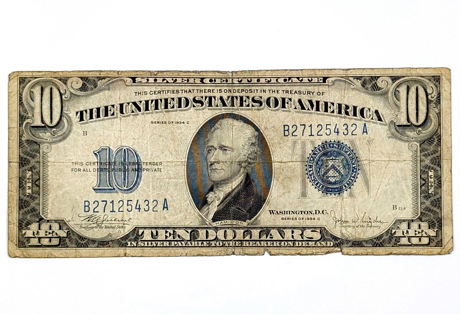 1934-C $10 Note - Silver Certificate: Heavily Circulated Condition