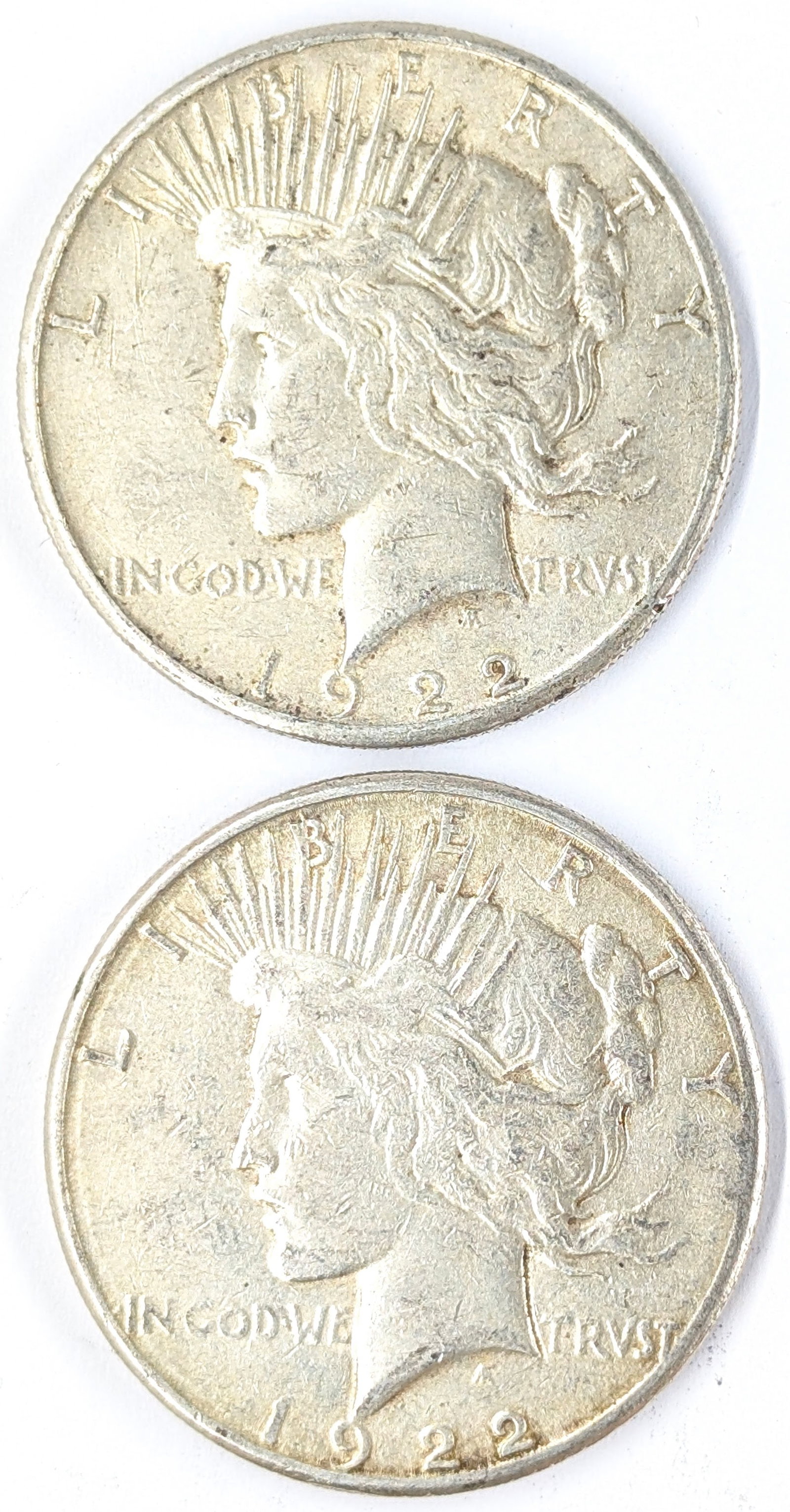 Lot of 2 Silver 1922-S Peace Dollars: Silver