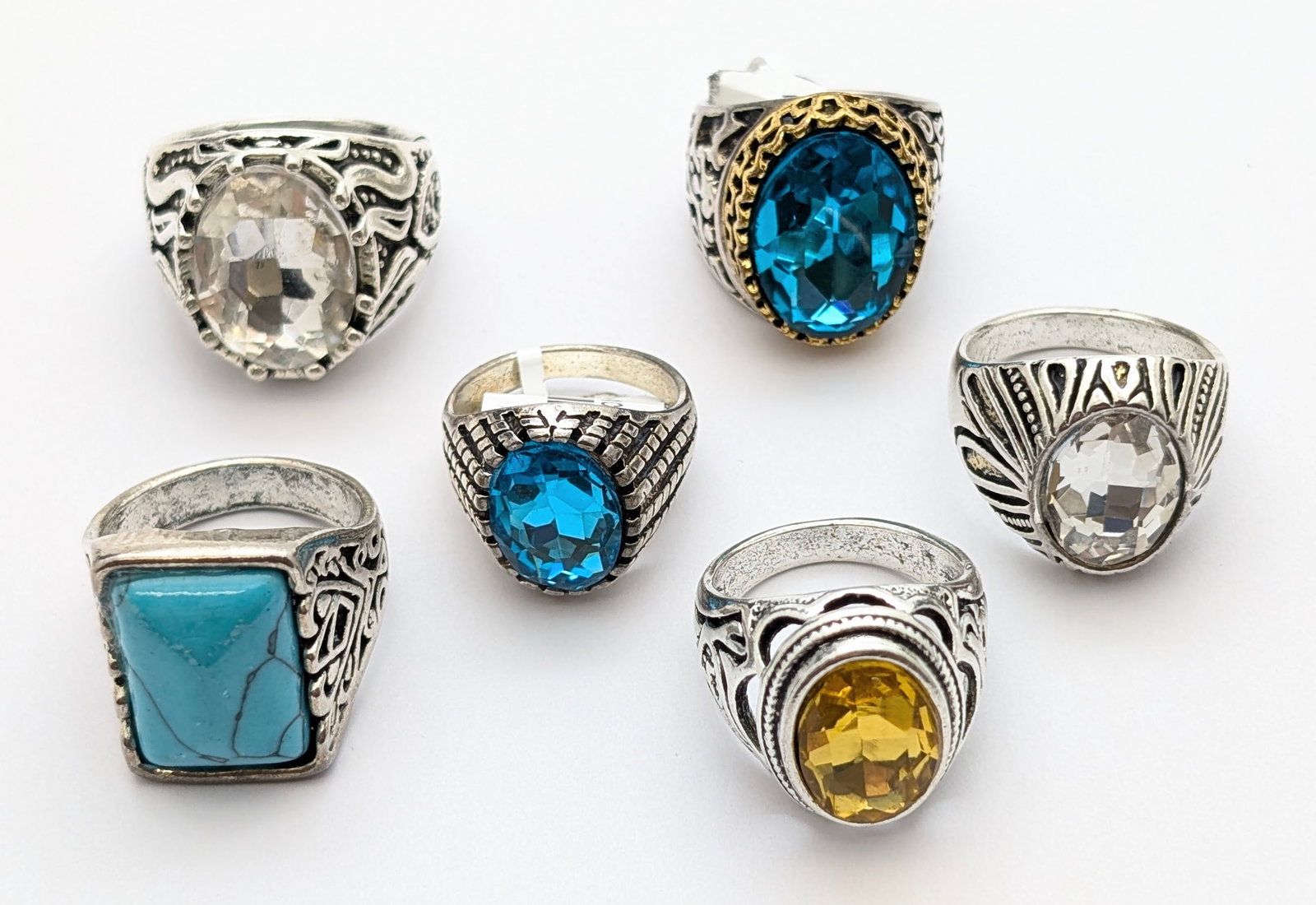 Lot of 6 Silver-tone Ladies Costume Rings: Various Sizes