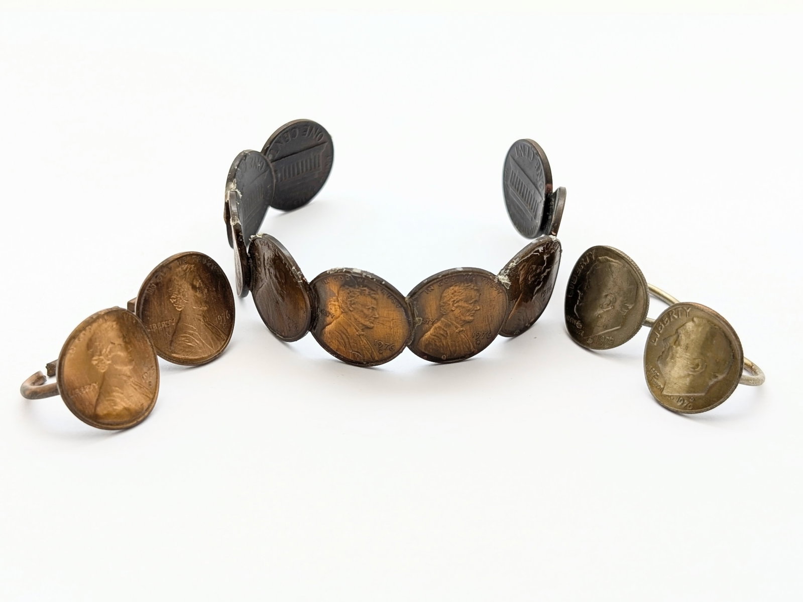 Lot of Handmade Lincoln Cent & Roosevelt Dime Bracelet & Rings: Jewelry