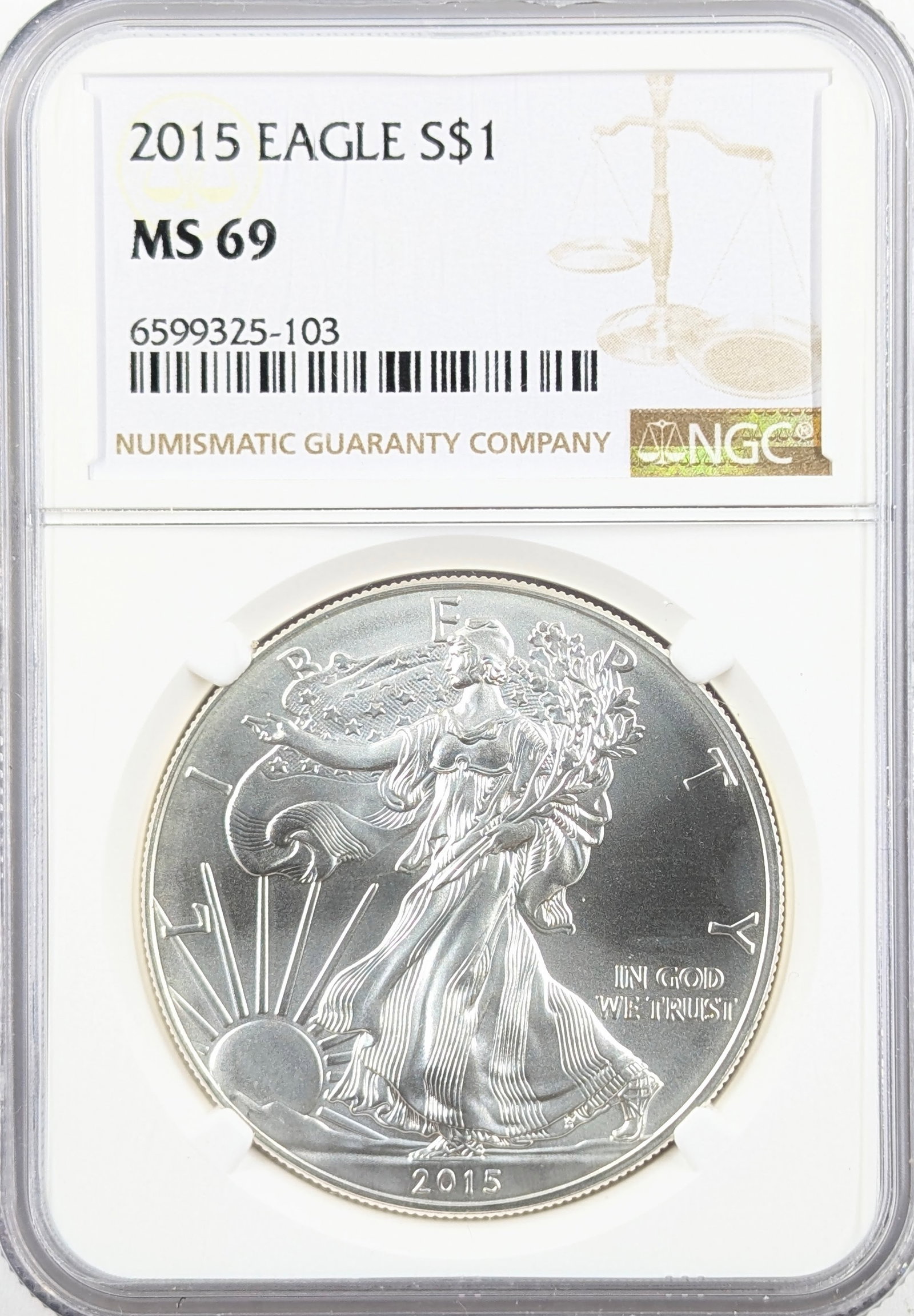 NGC 2015 MS69 American Silver Eagle Dollar: Silver