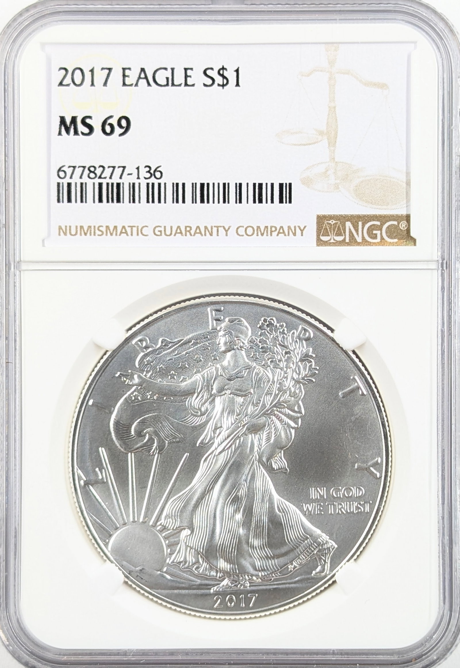 NGC 2017 MS69 American Silver Eagle Dollar: Silver