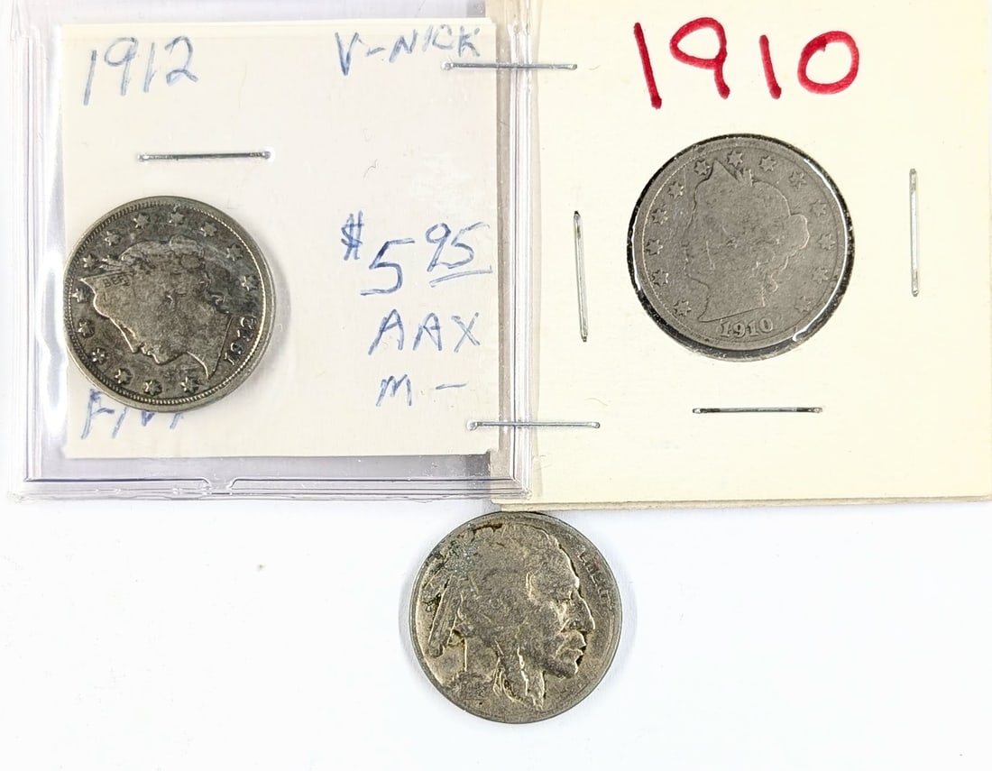 Lot of 3 Liberty V & Buffalo Nickels - 1910, 1912, 1927: Coin
