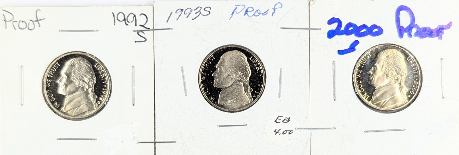 Lot of 3 Proof Jefferson Nickels - 1992-S, 1993-S, 2000-S (1 of 2)