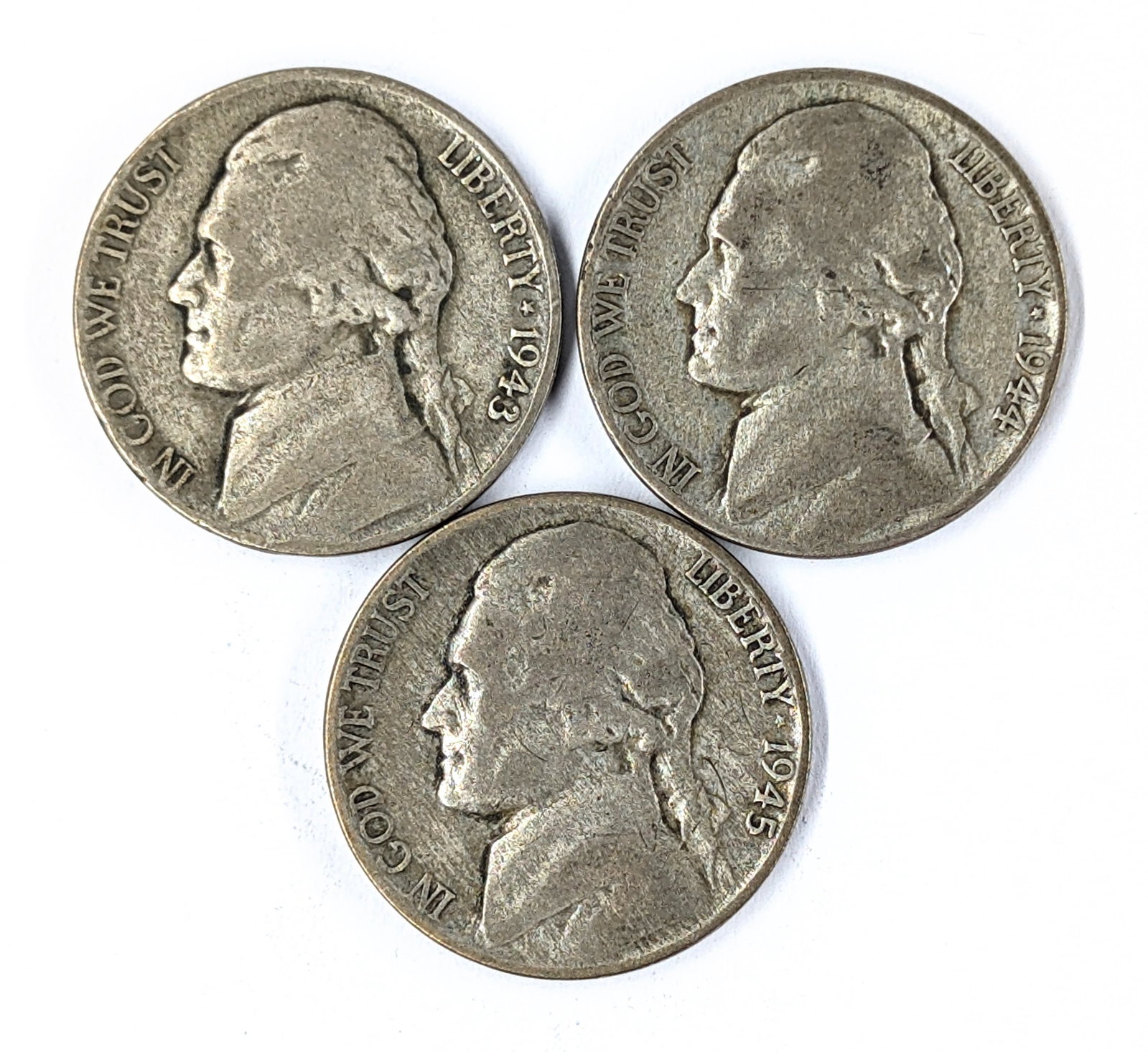 Lot of 3 Silver War Nickels - 1943-P, 1944-P, 1945-P (1 of 2)