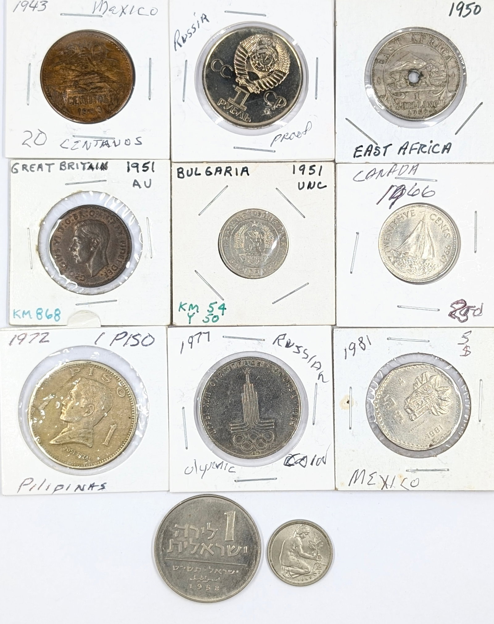 Lot of 11 Foreign Coins - Mexico, Great Britain, Russia, etc. (1 of 2)