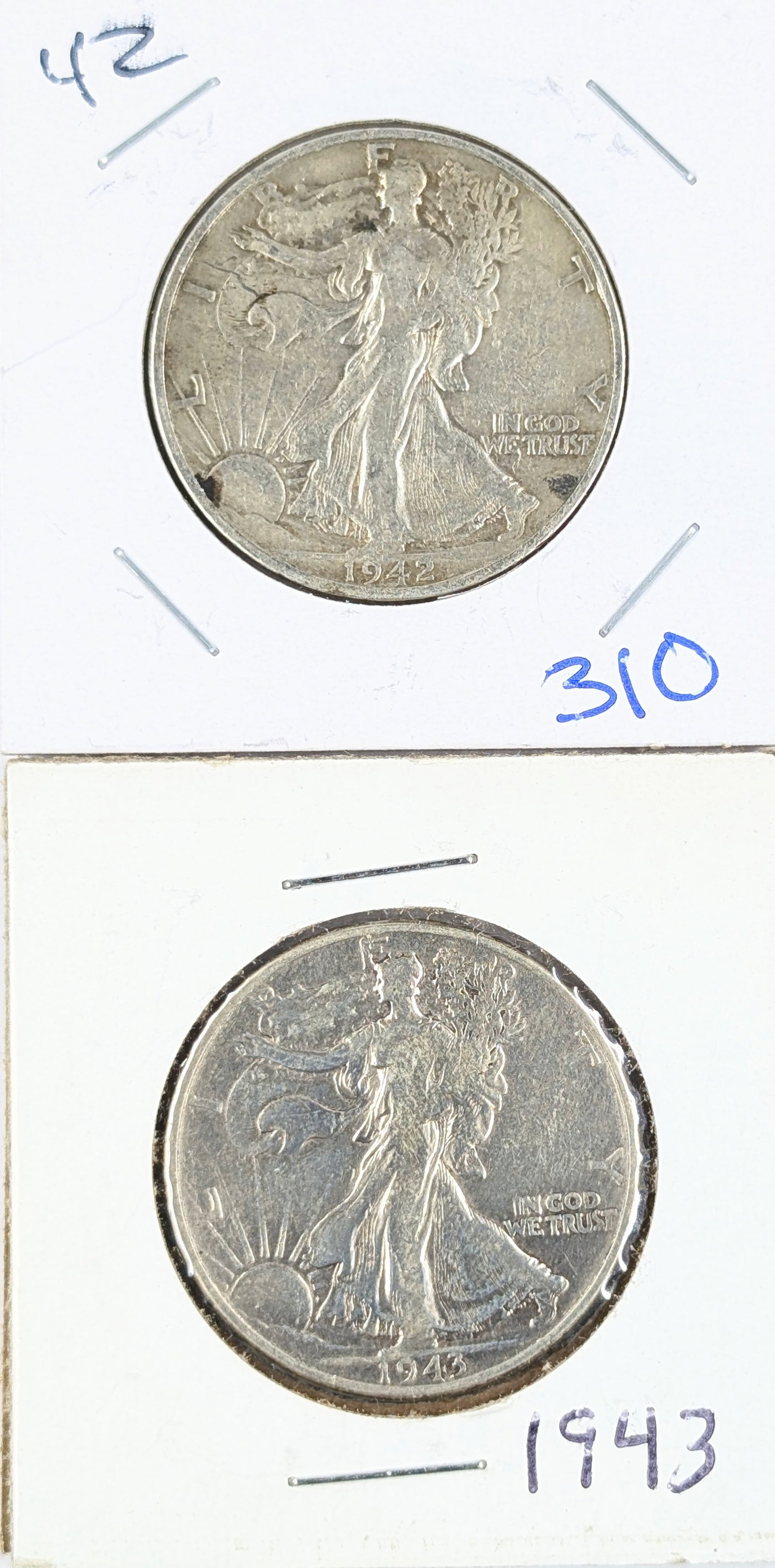 Lot of 2 Silver Walking Liberty Half Dollars - 1942-S, 1943: Silver