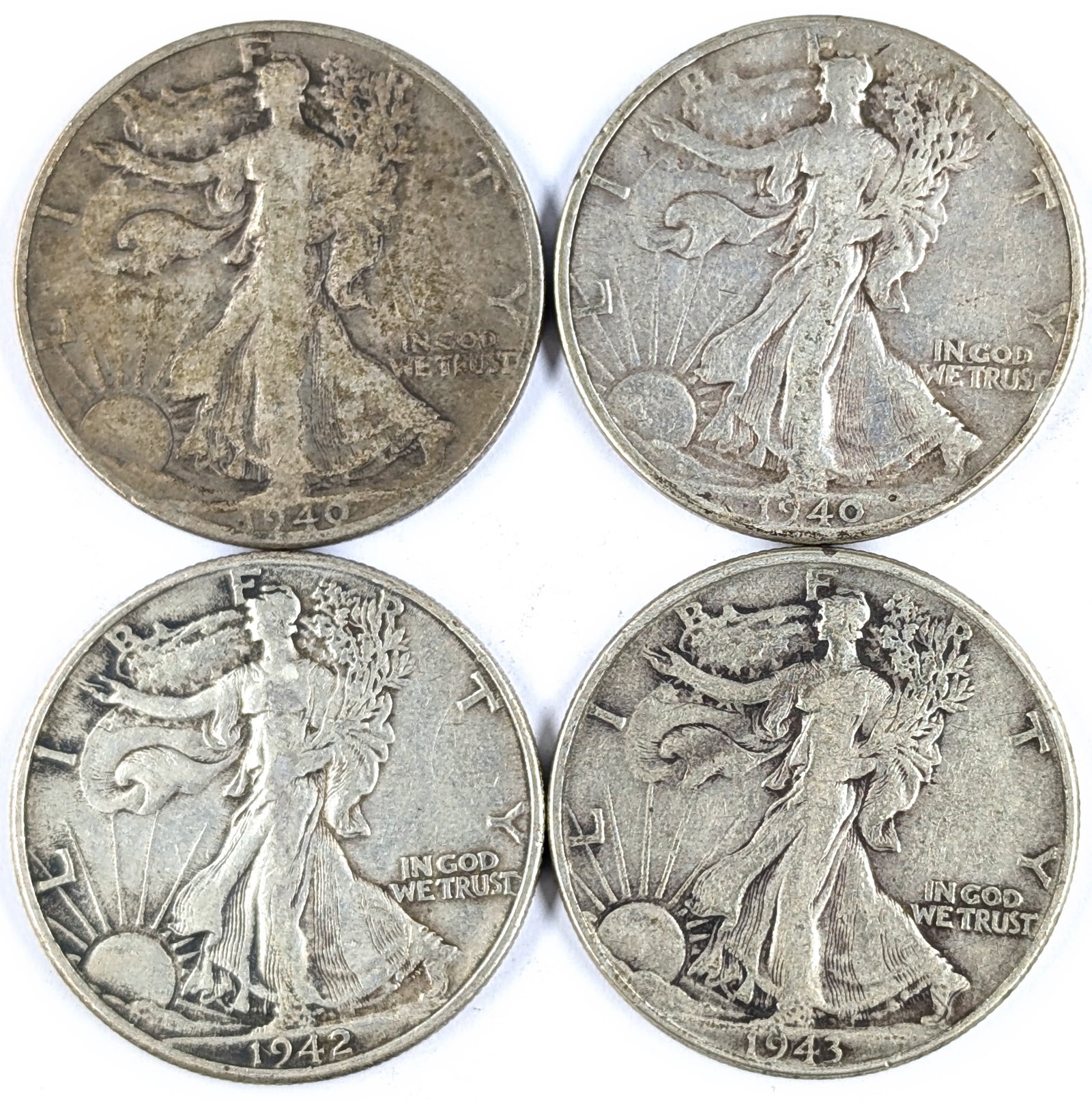 Lot of 4 Silver Walking Liberty Half Dollars - 1940-1943: Silver