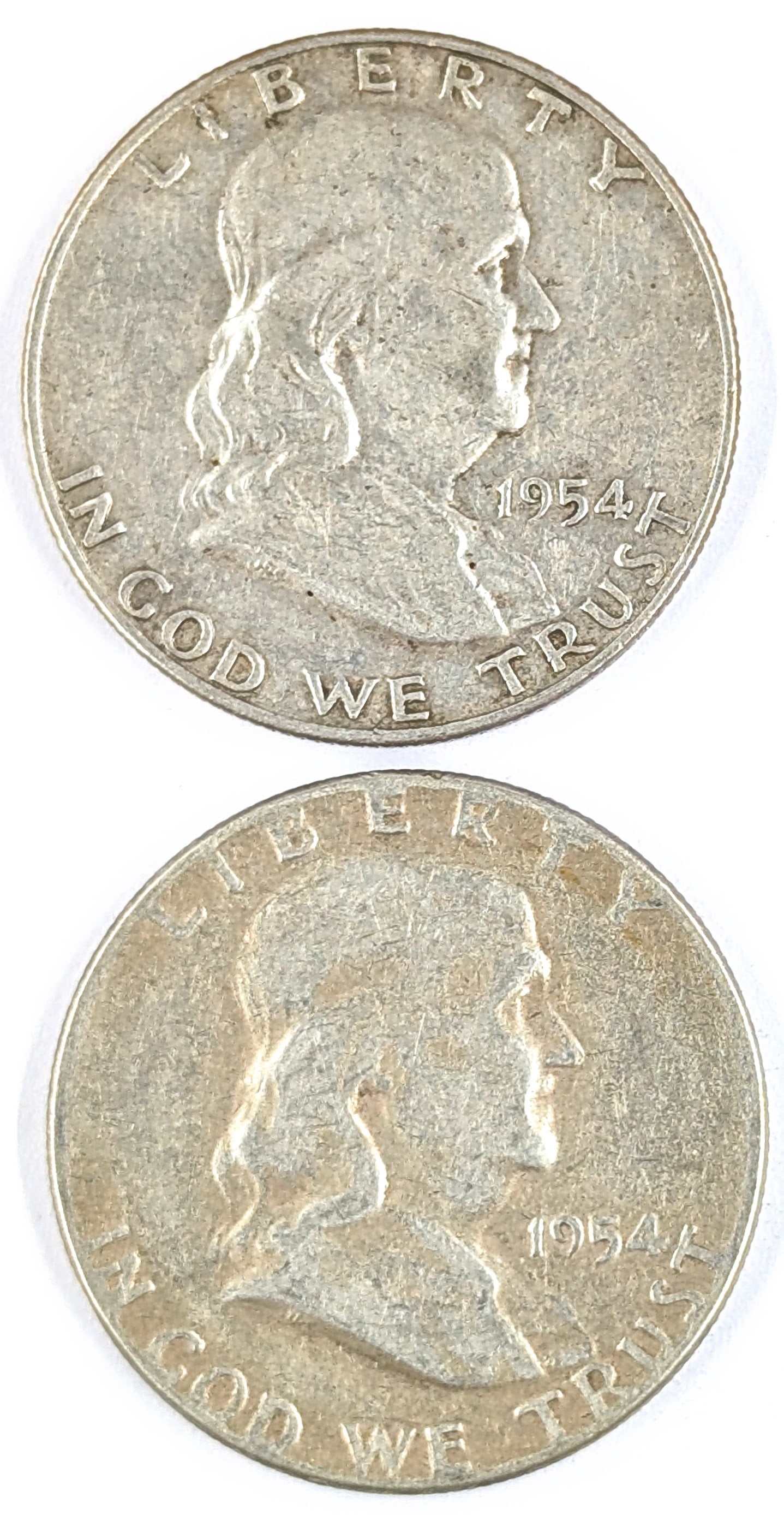 Lot of 2 Silver 1954-D Franklin Half Dollars: Silver