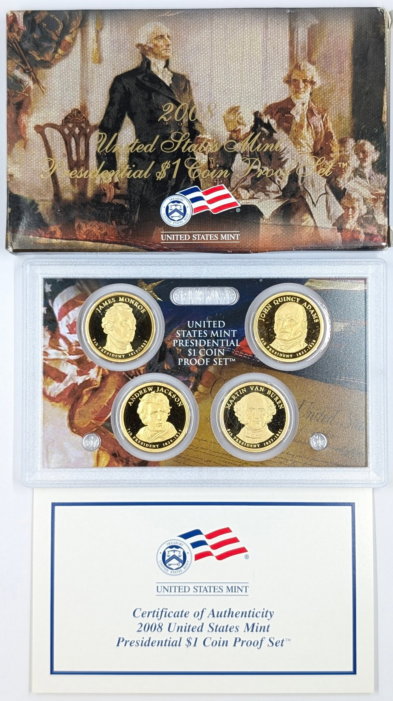 2008 US Mint Presidential $1 Coin Proof Set w/ COA: Monroe, Adams, Jackson, Van Buren