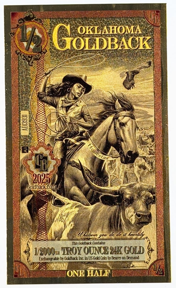 2025 1/2 Oklahoma Goldback 1/2000th Troy Ounce 24K Gold: Goldback