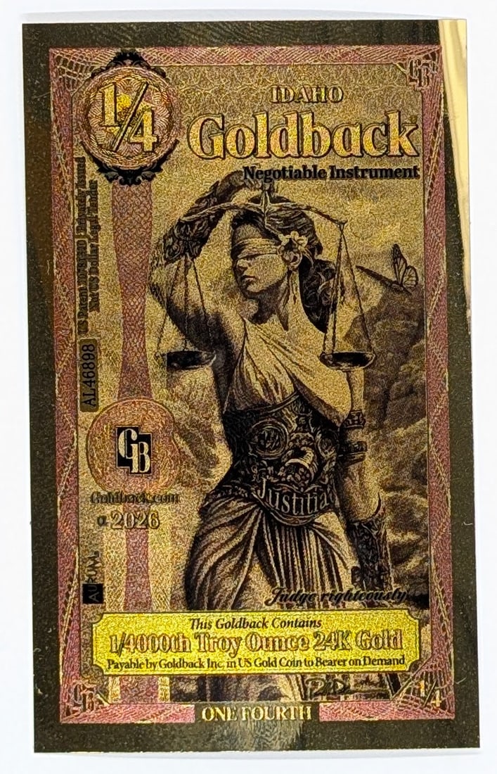 2026 1/4 Idaho Goldback 1/4000th Troy Ounce 24K Gold: Goldback