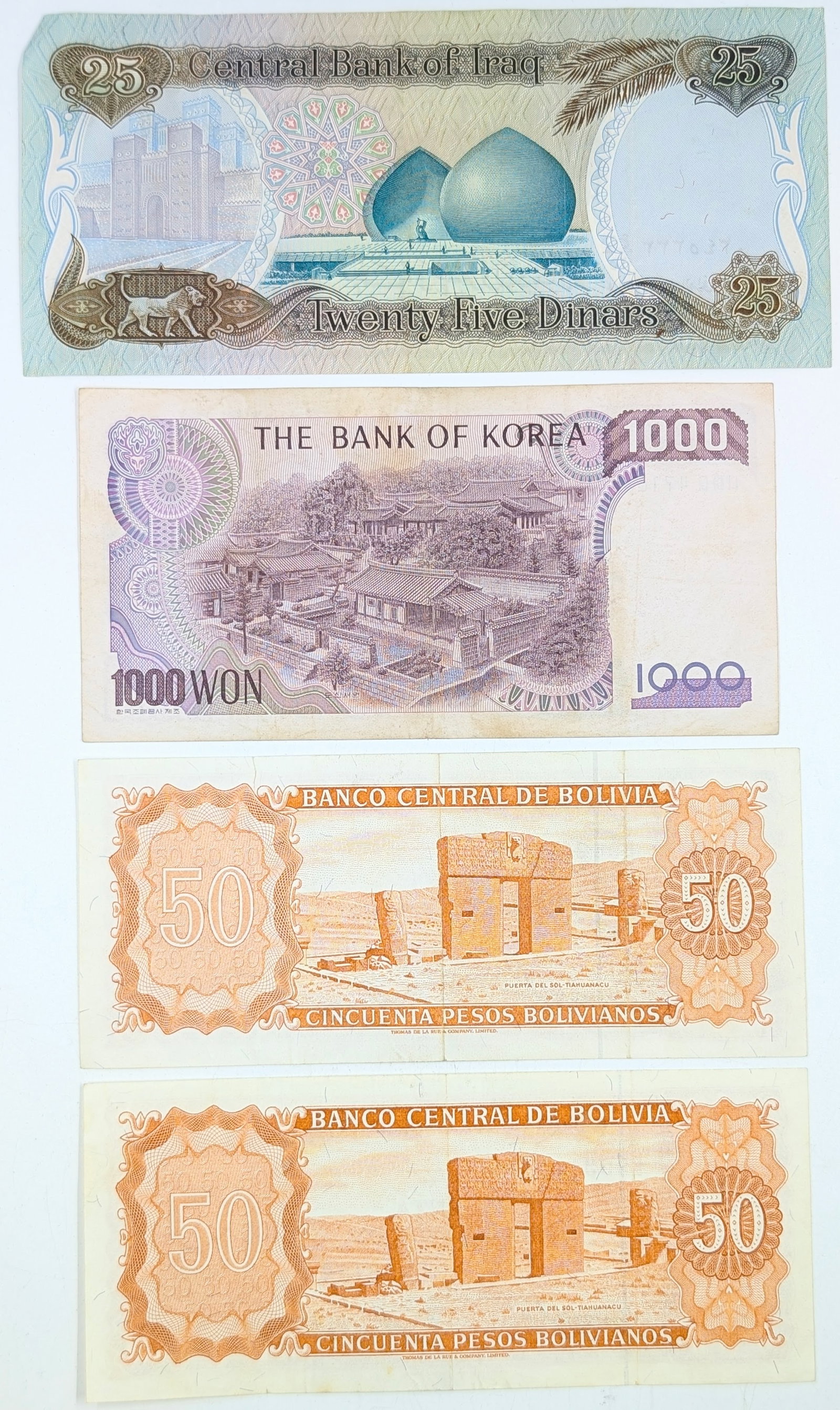 Lot of 4 Foreign Notes - Iraq, Korea, Bolivia - 2