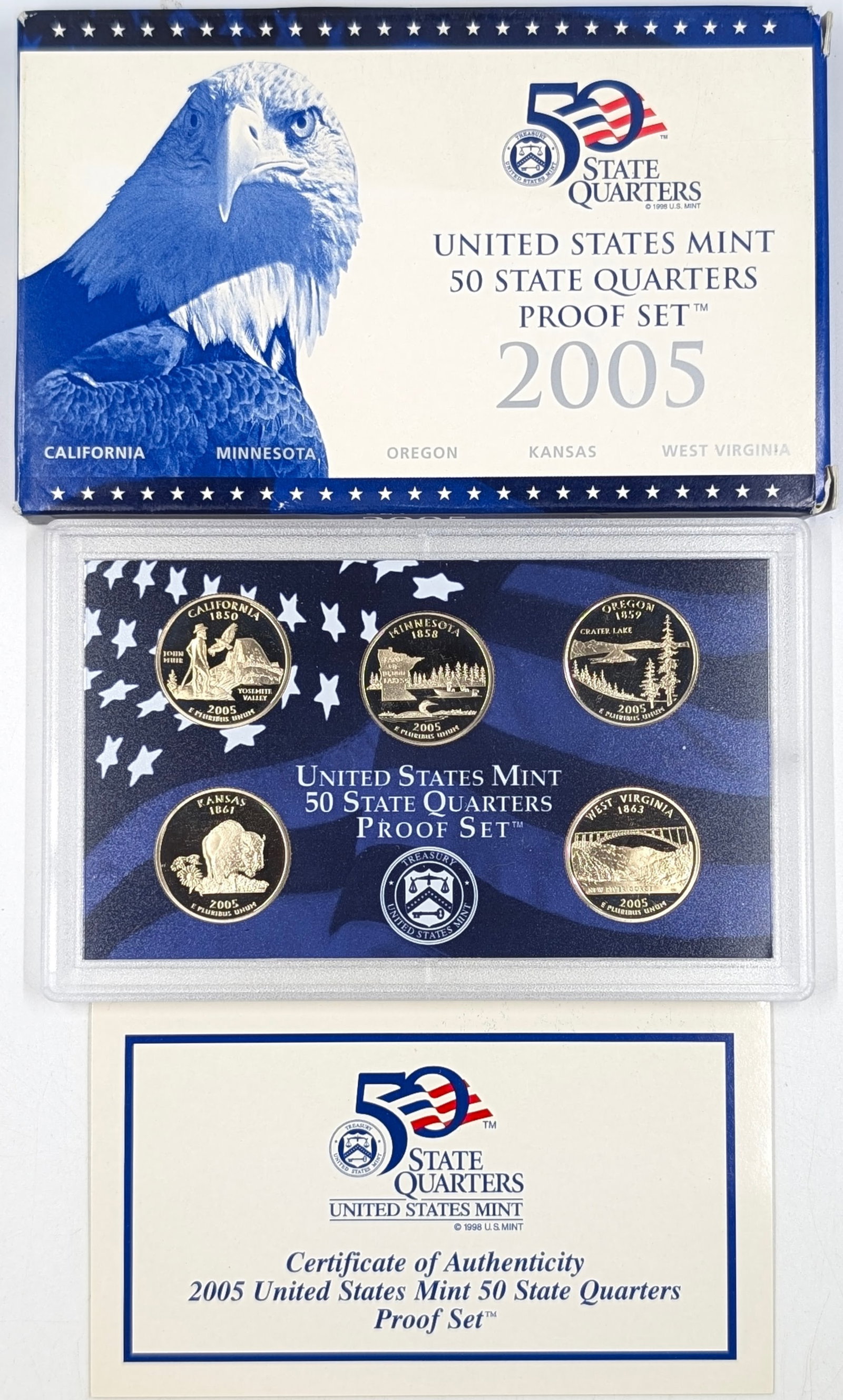 2005 US Mint 50 State Quarters Proof Set w/ COA - CA, MN, OR, KA, WV: Coin