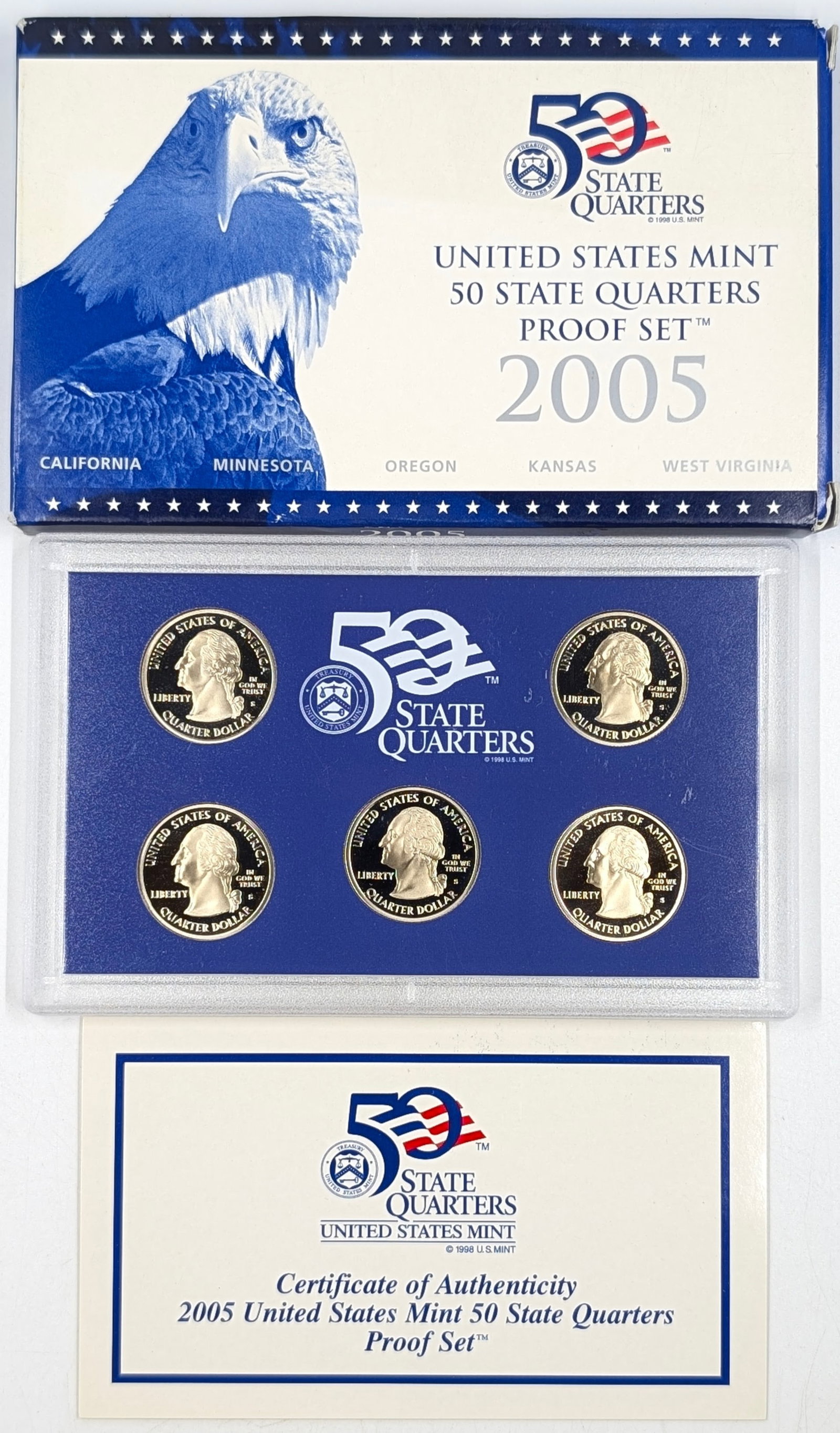 2005 US Mint 50 State Quarters Proof Set w/ COA - CA, MN, OR, KS, WV - 2